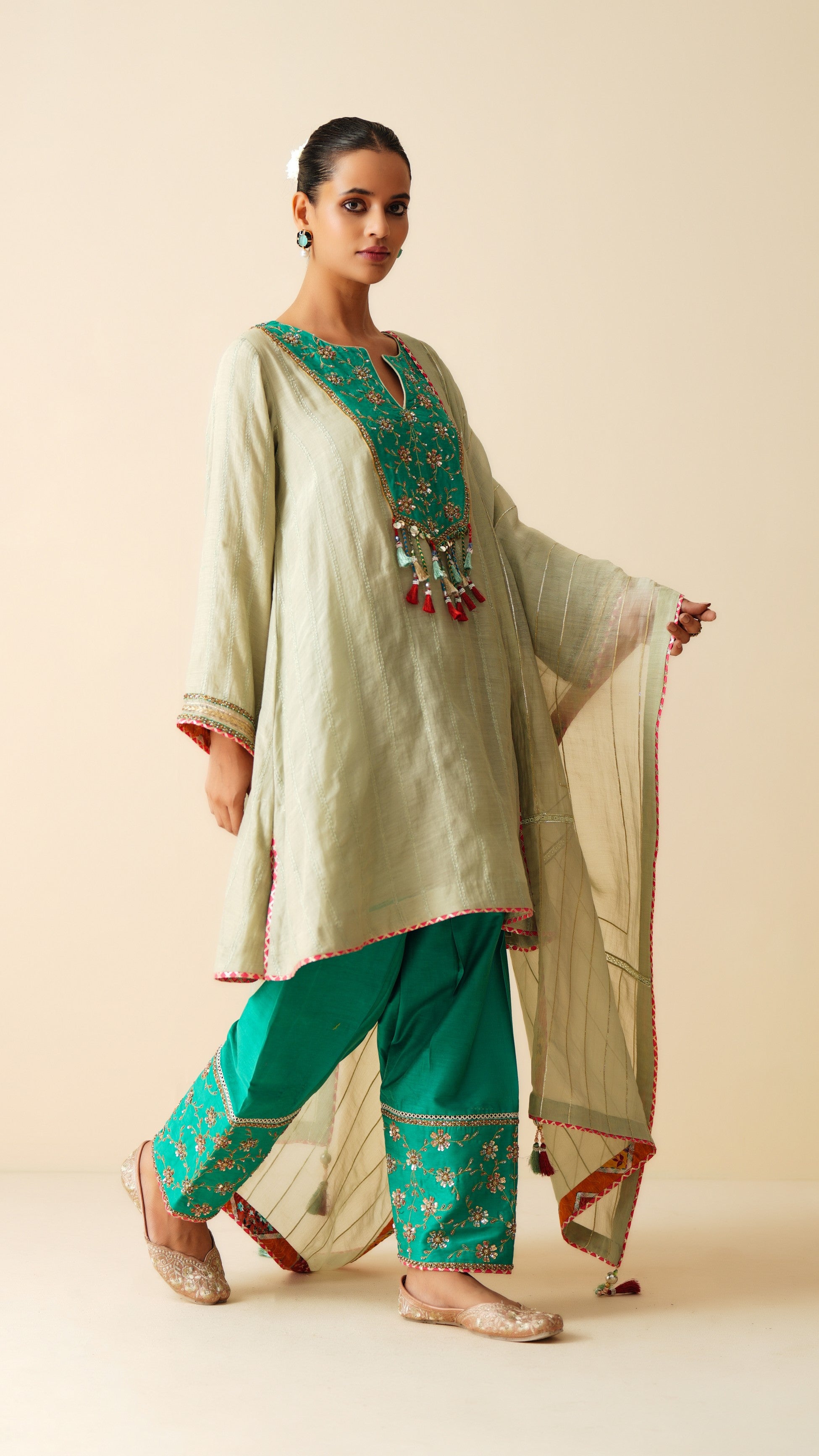 Designer Mul Chanderi Suit with Dupatta and Embroidered Cotton Silk Salwar