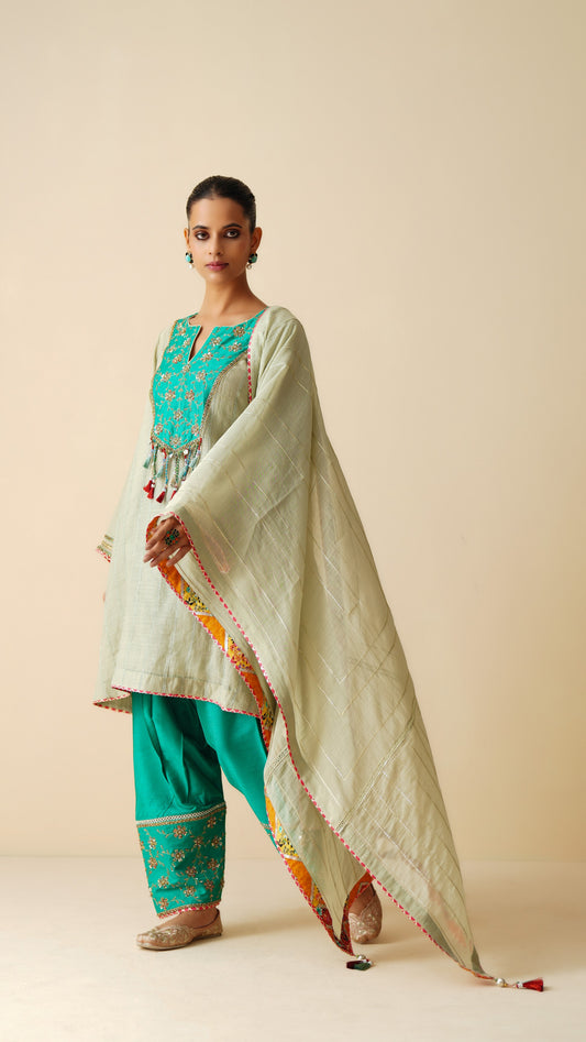 Designer Mul Chanderi Suit with Dupatta and Embroidered Cotton Silk Salwar