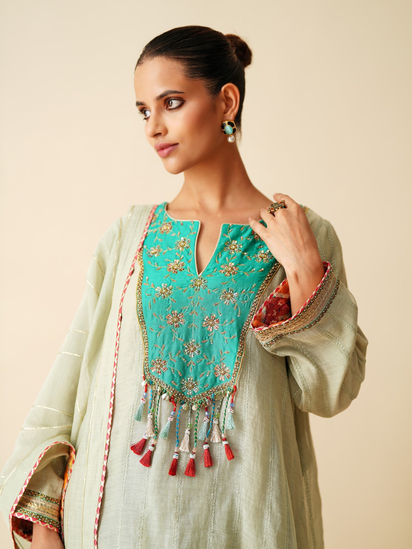 Designer Mul Chanderi Suit with Dupatta and Embroidered Cotton Silk Salwar