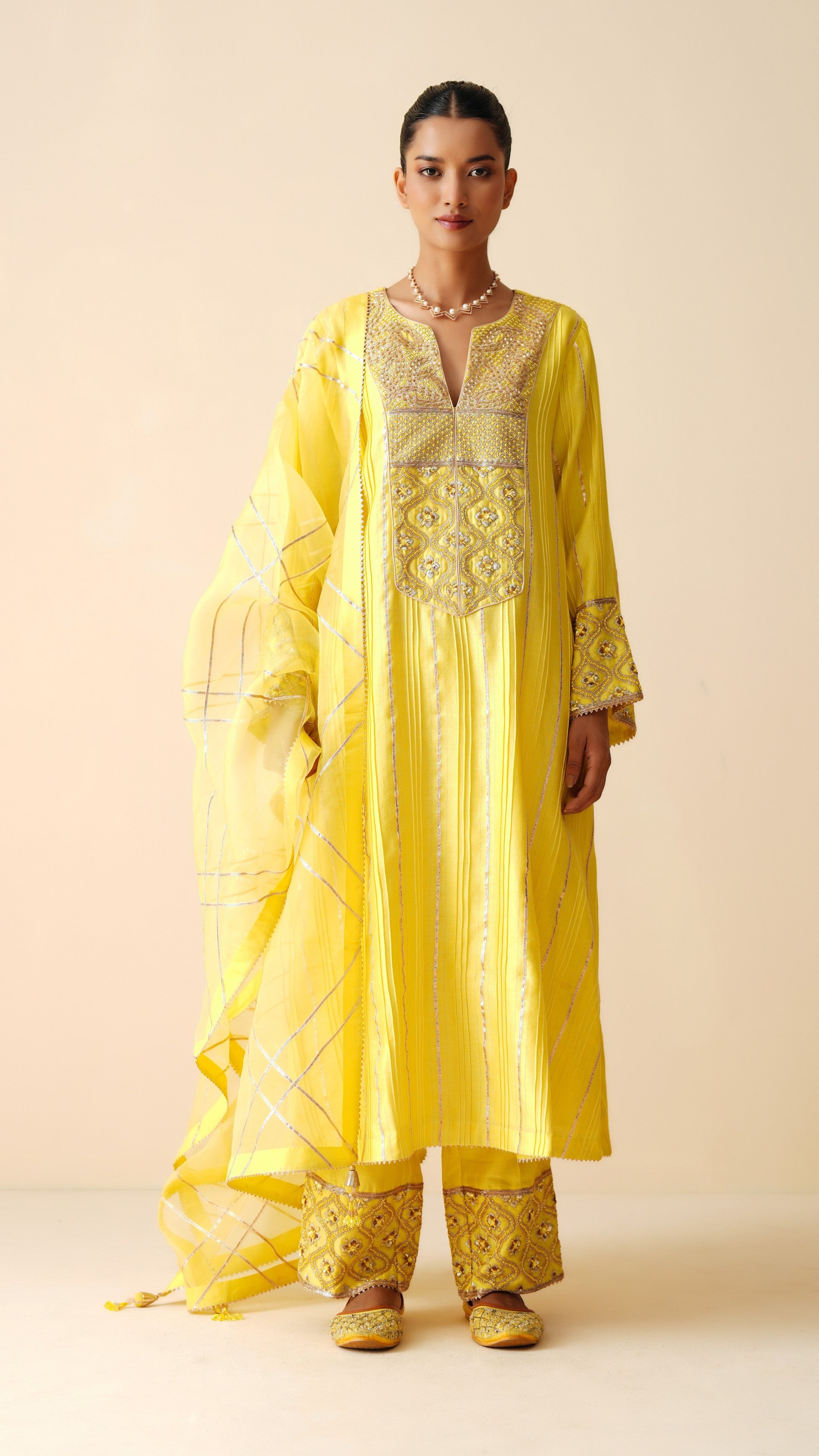 Designer Yellow Chanderi Silk Phiran Style Suit for Women