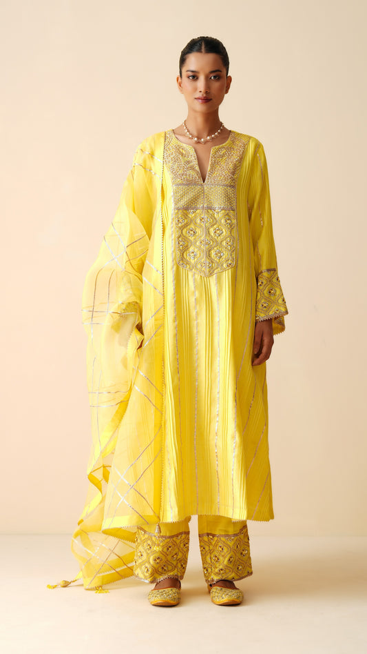 Designer Yellow Chanderi Silk Phiran Style Suit for Women