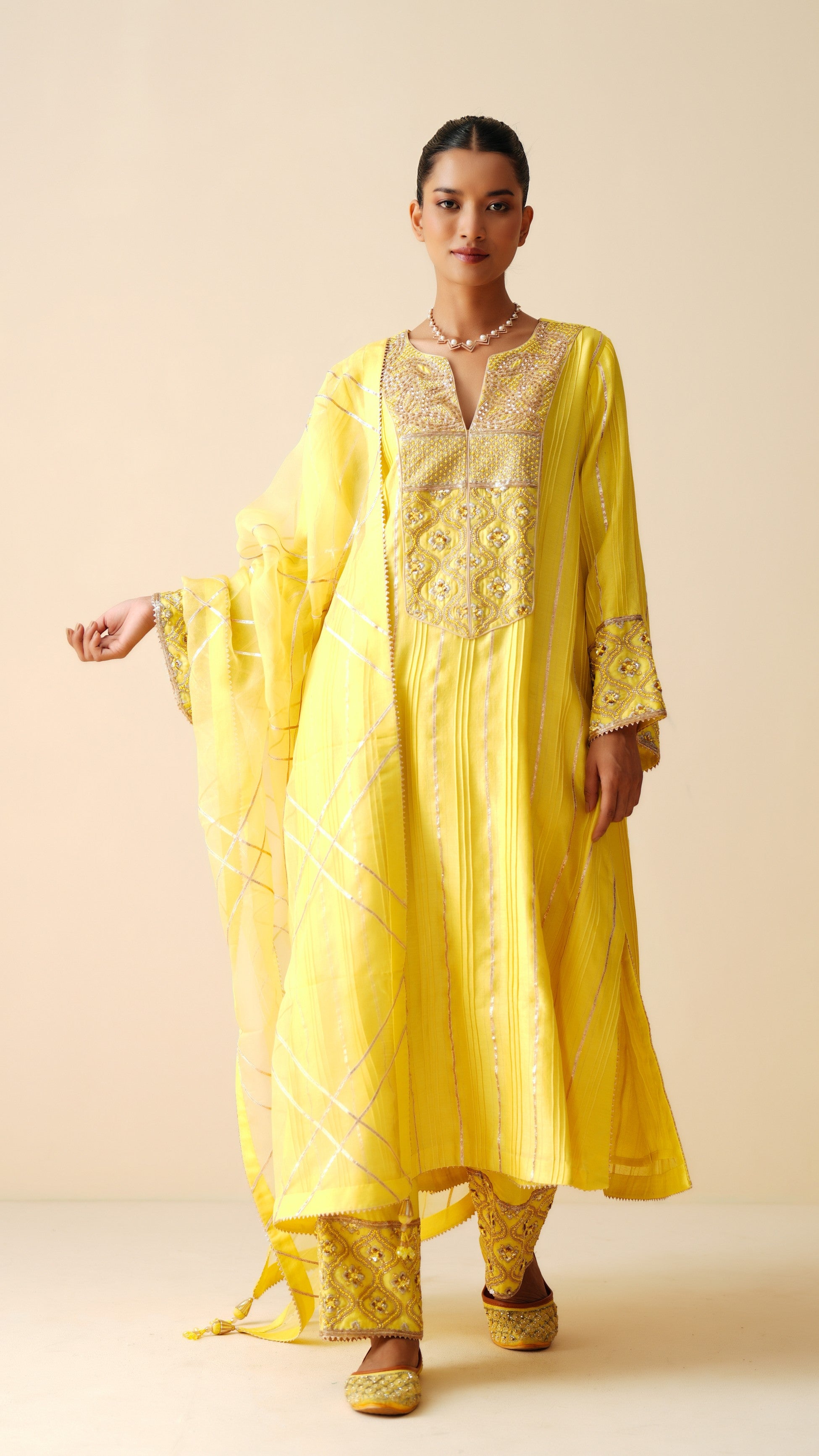Designer Yellow Chanderi Silk Phiran Style Suit for Women