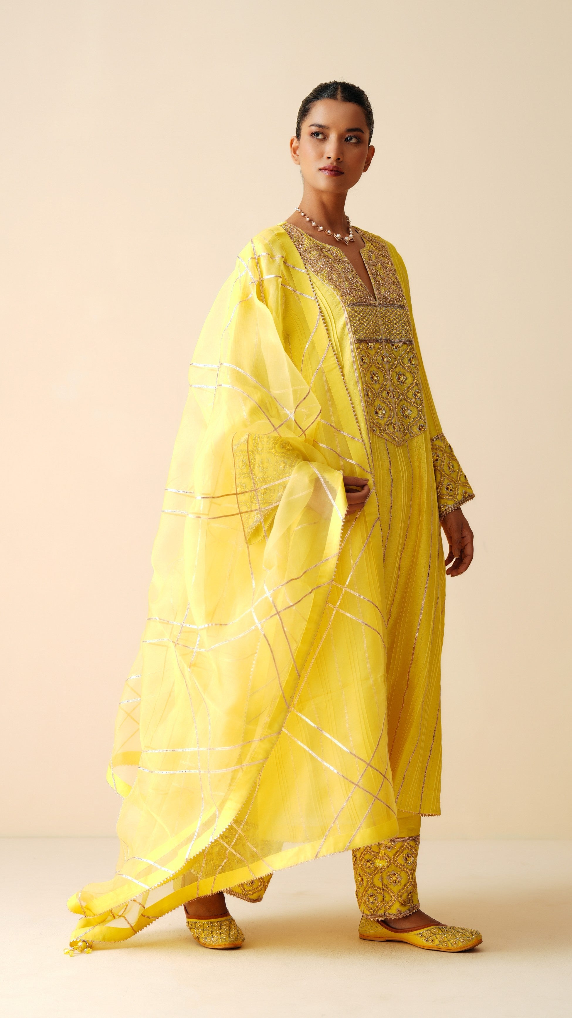 Designer Yellow Chanderi Silk Phiran Style Suit for Women