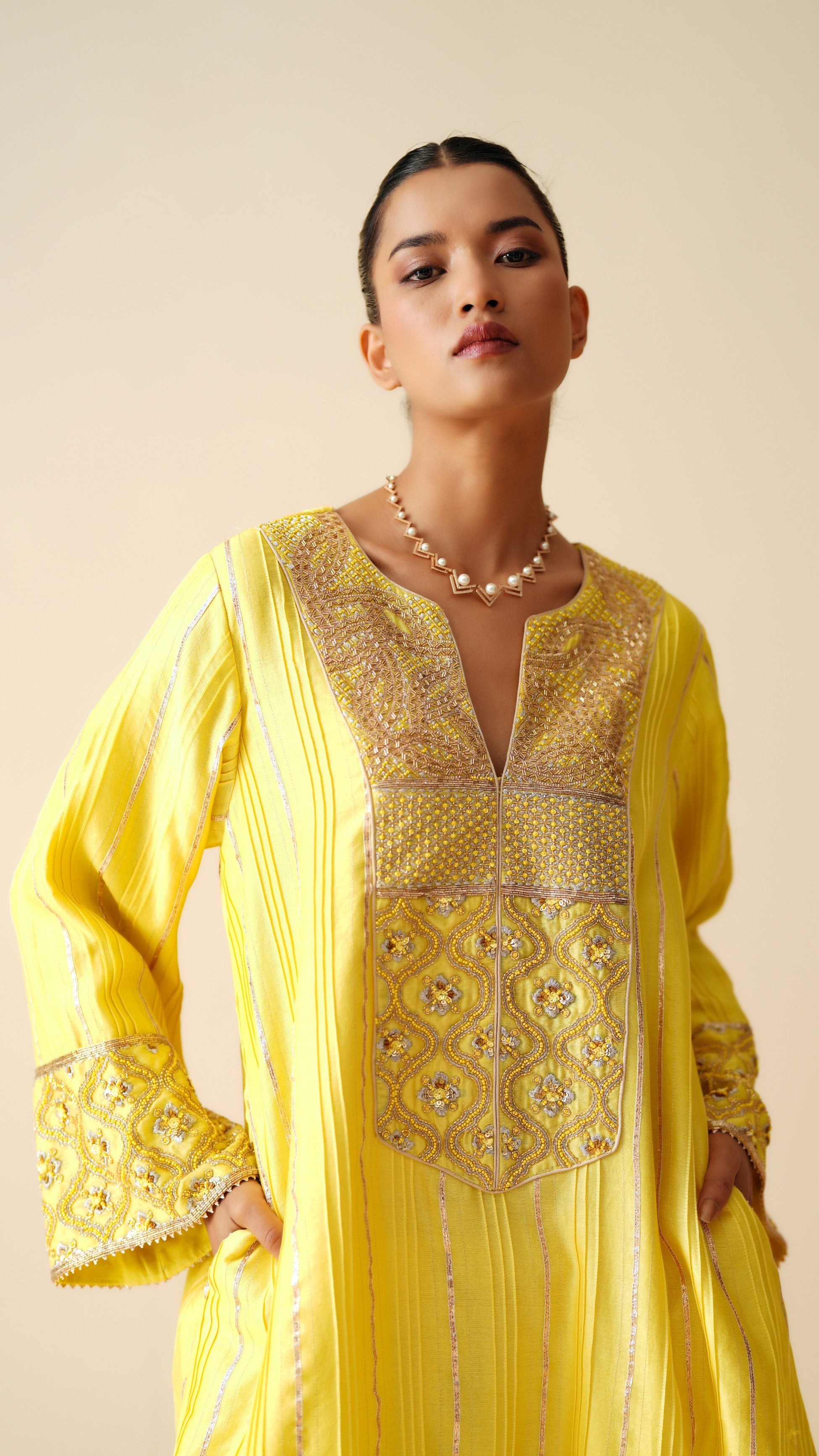 Designer Yellow Chanderi Silk Phiran Style Suit for Women