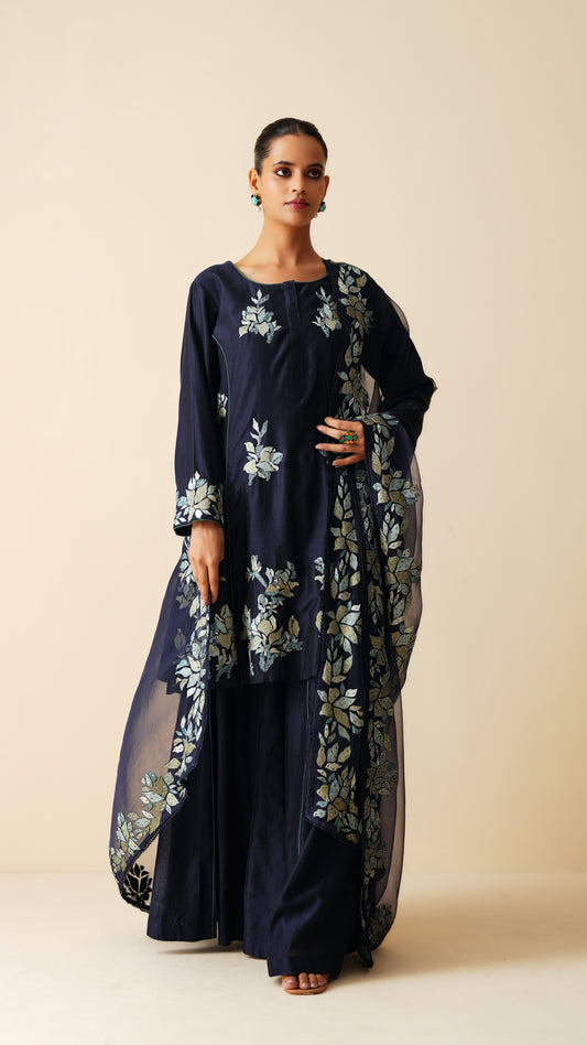 Designer Navy Blue Chanderi Silk & Organza Sharara Set for Women
