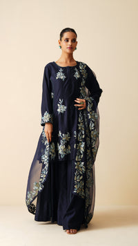 Designer Navy Blue Chanderi Silk & Organza Sharara Set for Women
