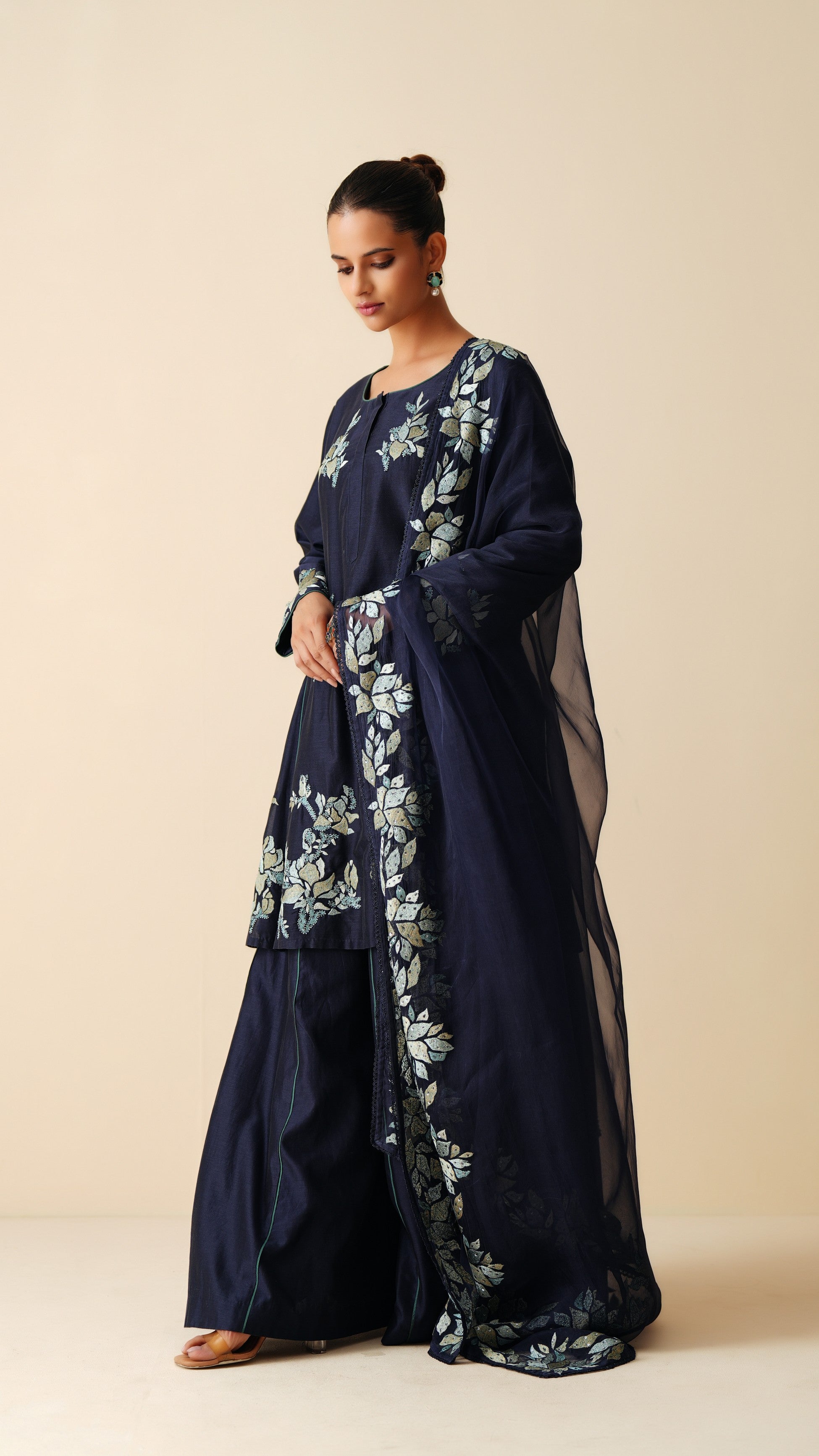 Designer Navy Blue Chanderi Silk & Organza Sharara Set for Women