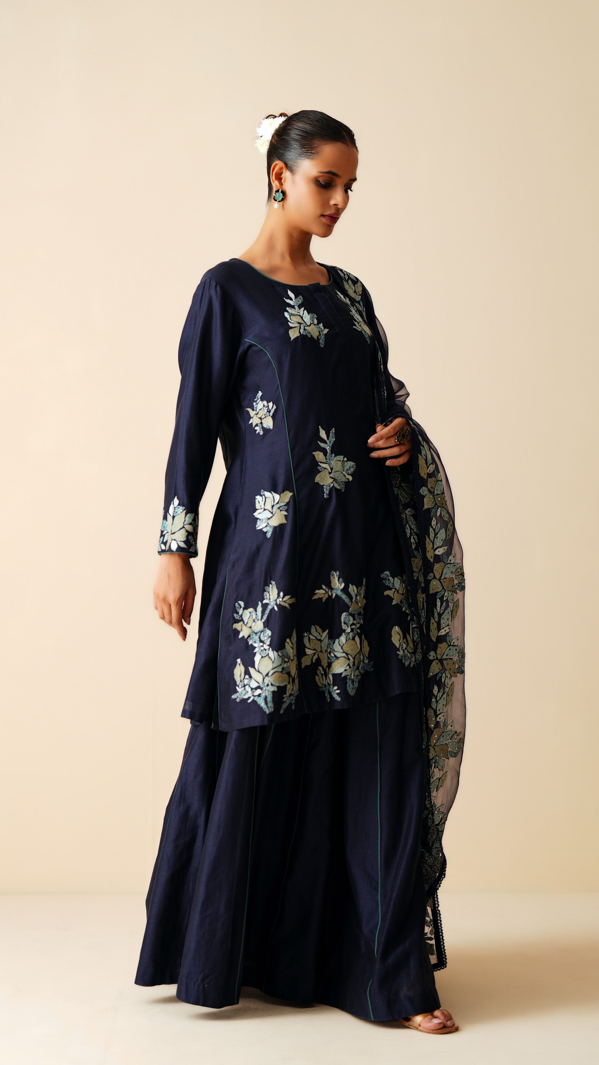 Designer Navy Blue Chanderi Silk & Organza Sharara Set for Women