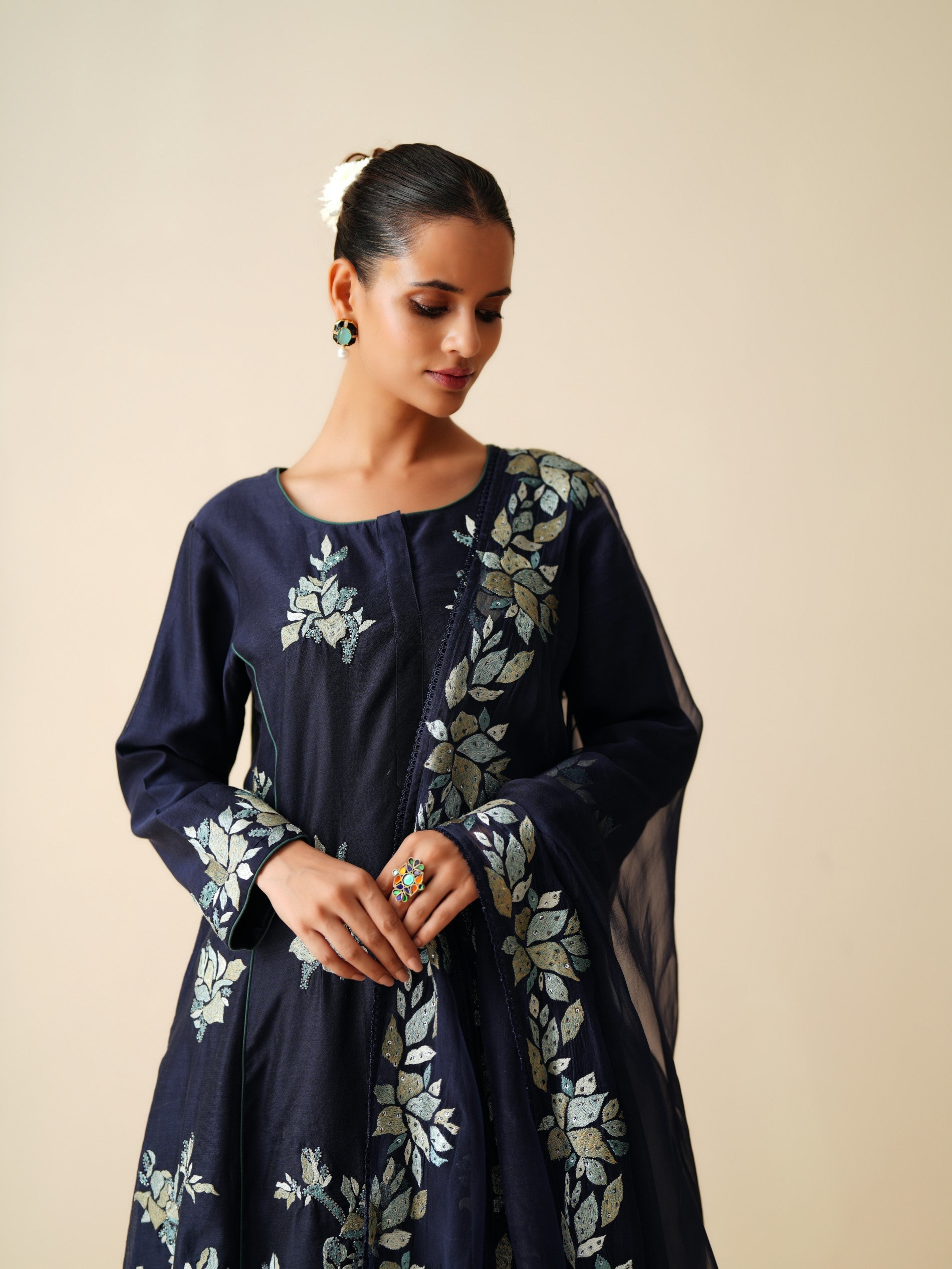 Designer Navy Blue Chanderi Silk & Organza Sharara Set for Women