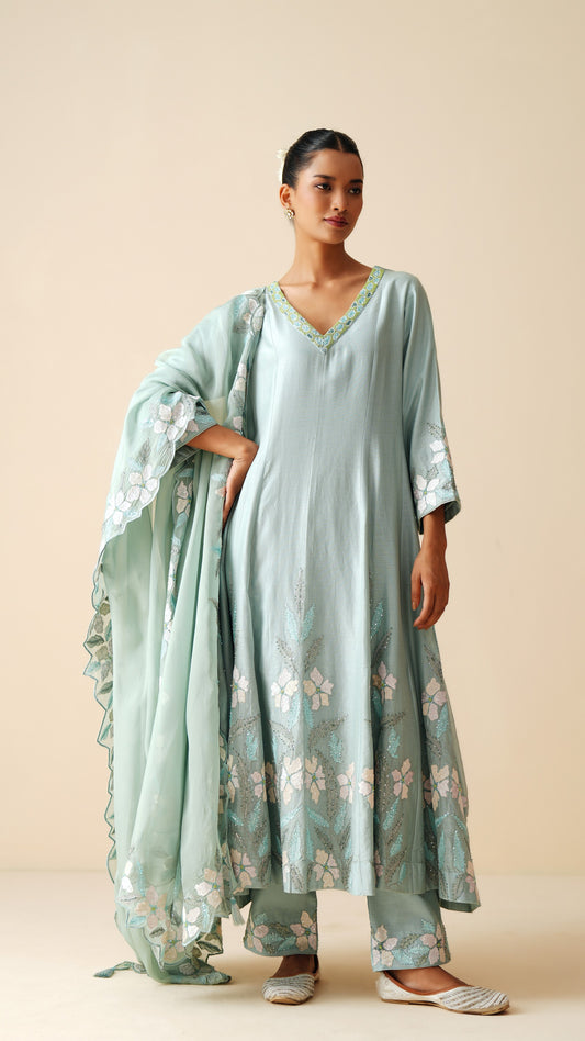 Designer Chanderi Silk Anarkali Suit with Organza Dupatta