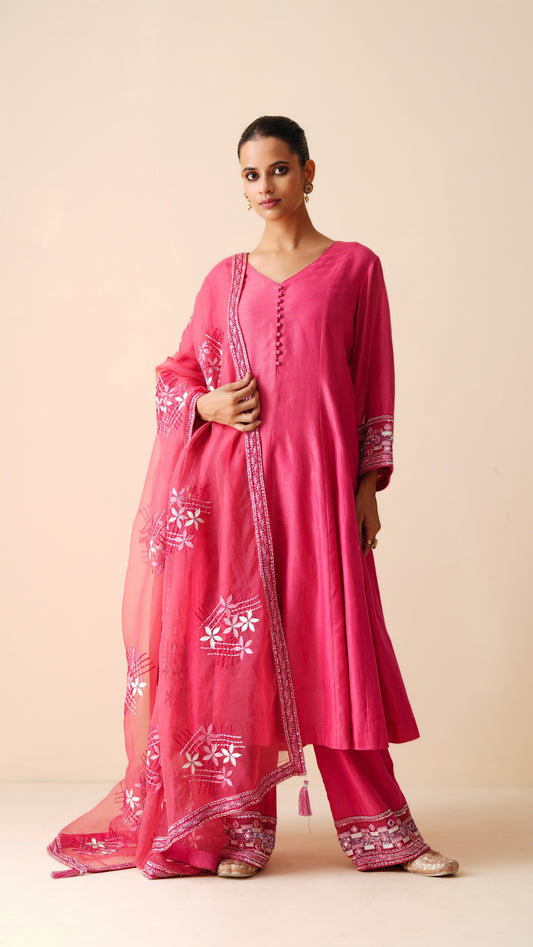 Designer Hot Pink Anarkali Suit in Chanderi Silk & Organza Dupatta