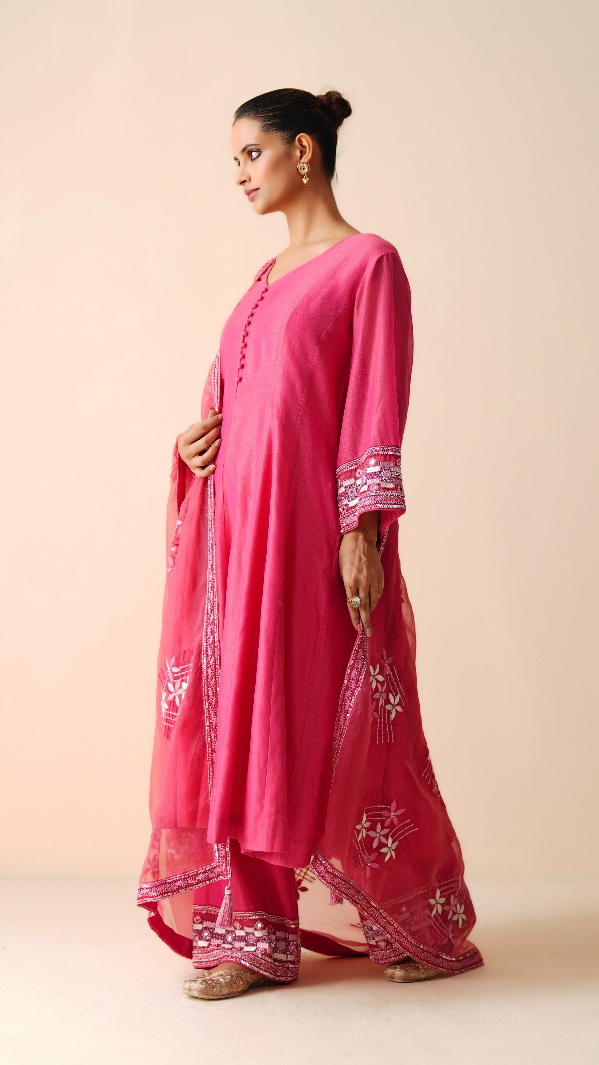 Designer Hot Pink Anarkali Suit in Chanderi Silk & Organza Dupatta