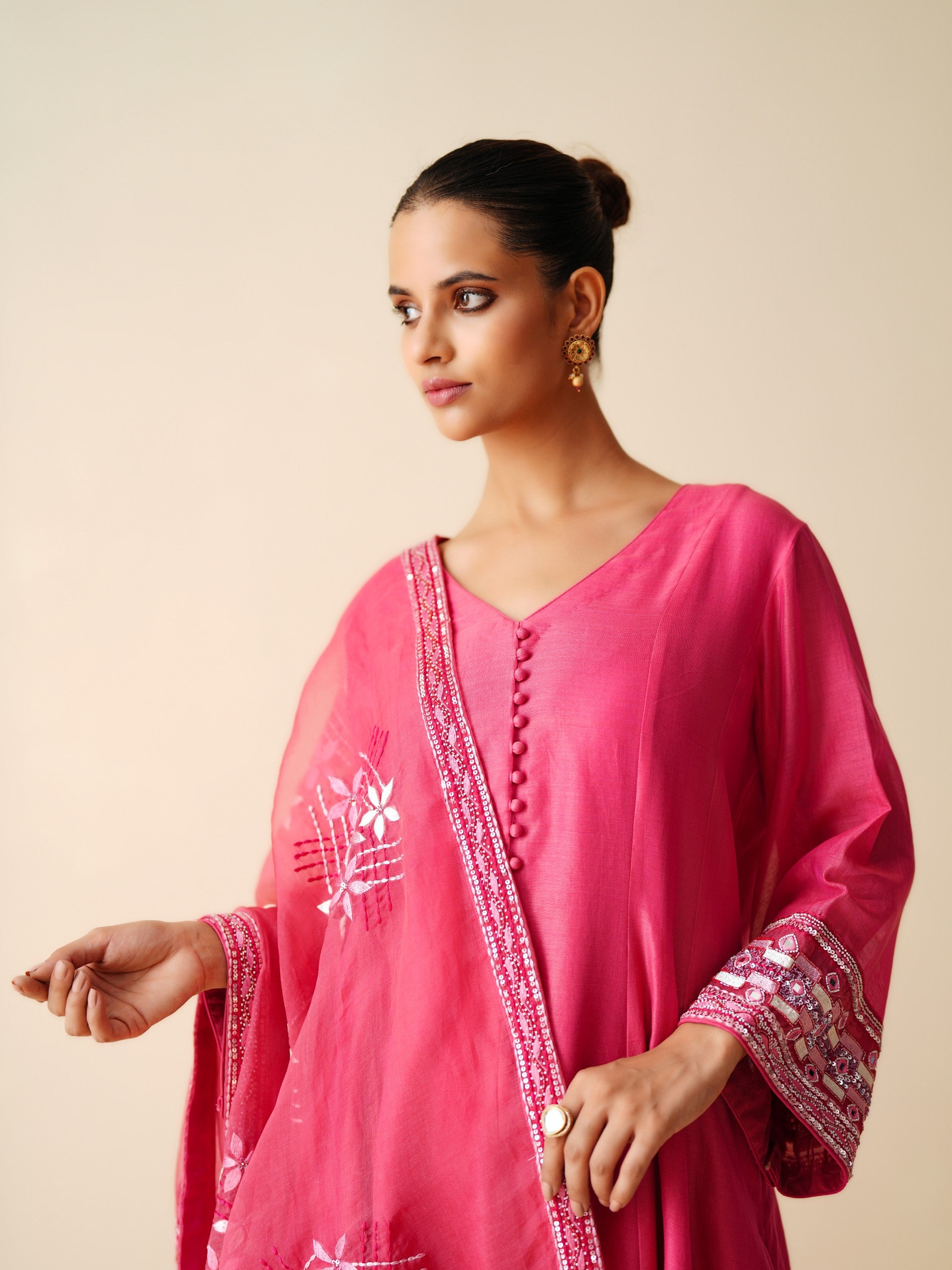 Designer Hot Pink Anarkali Suit in Chanderi Silk & Organza Dupatta