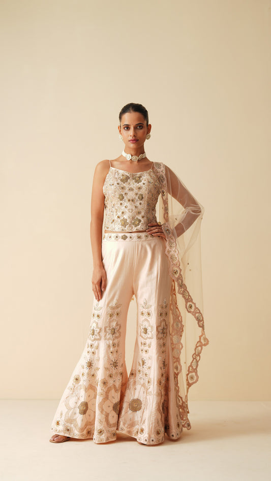 Designer Peach Spaghetti Blouse & Bellbottom Sharara Set