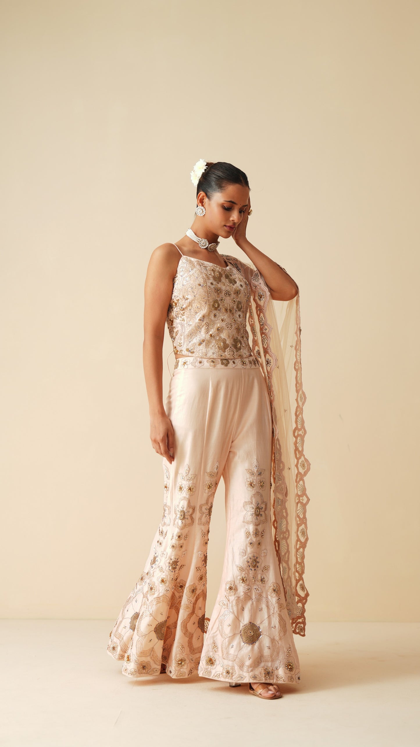 Designer Peach Spaghetti Blouse & Bellbottom Sharara Set