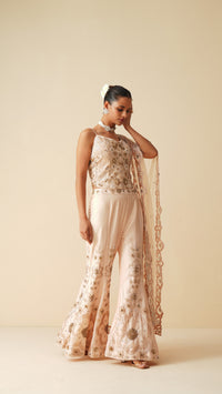 Designer Peach Spaghetti Blouse & Bellbottom Sharara Set