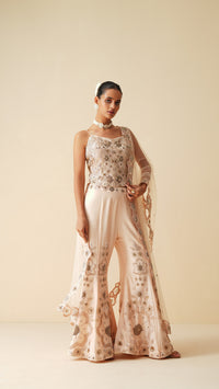 Designer Peach Spaghetti Blouse & Bellbottom Sharara Set
