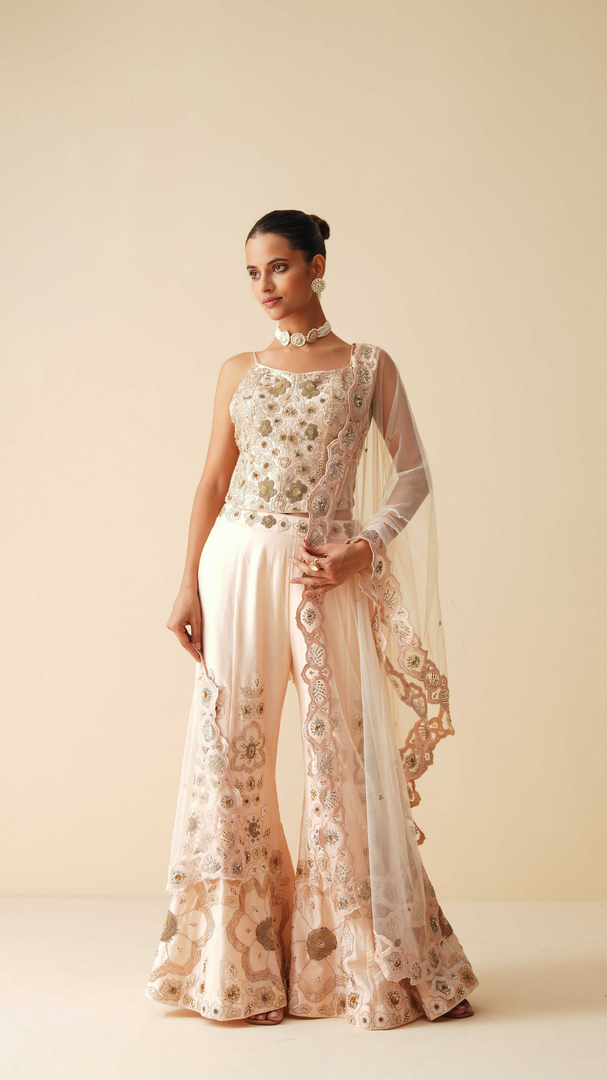 Designer Peach Spaghetti Blouse & Bellbottom Sharara Set