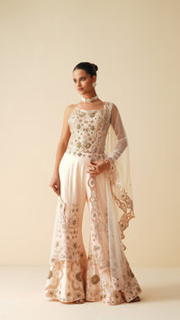 Designer Peach Spaghetti Blouse & Bellbottom Sharara Set