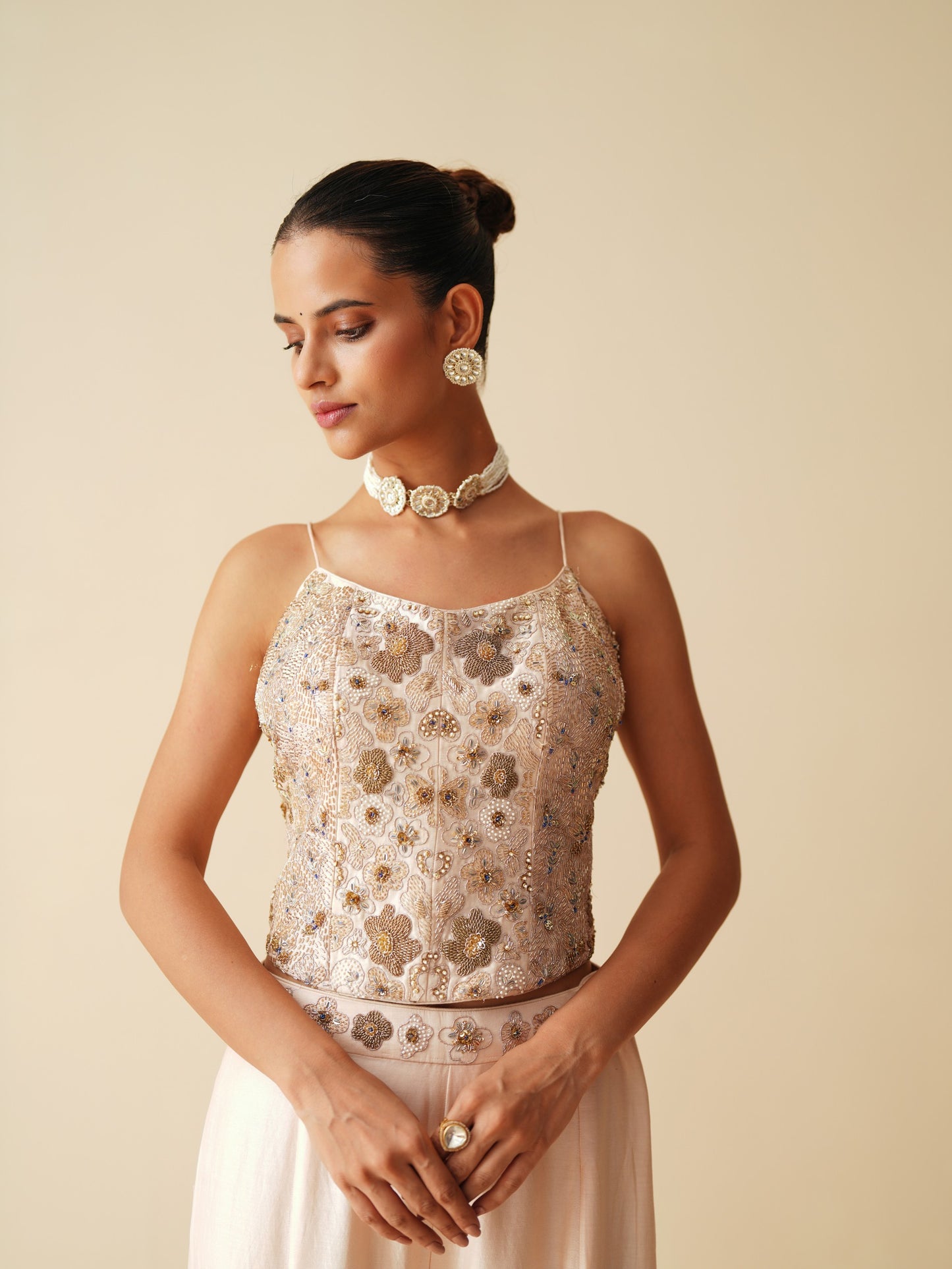 Designer Peach Spaghetti Blouse & Bellbottom Sharara Set