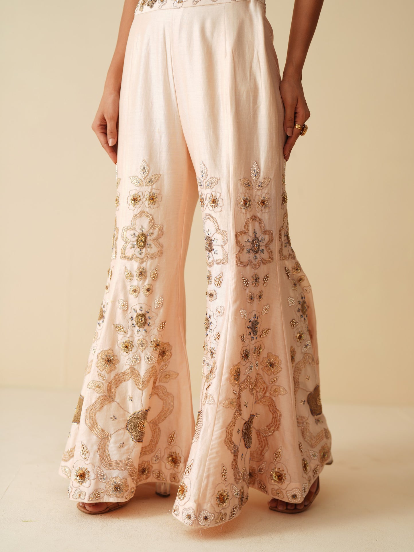 Designer Peach Spaghetti Blouse & Bellbottom Sharara Set