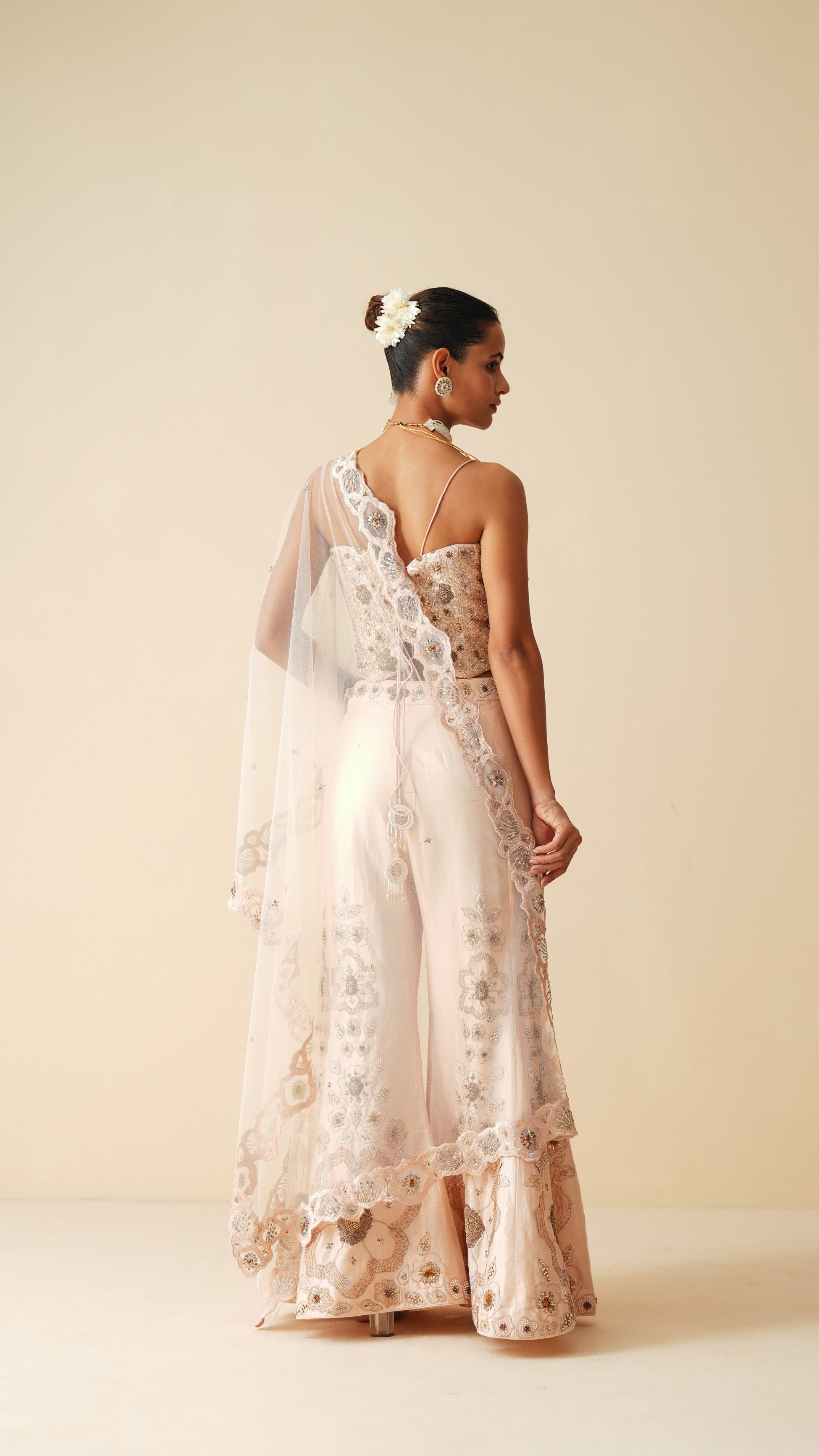 Designer Peach Spaghetti Blouse & Bellbottom Sharara Set