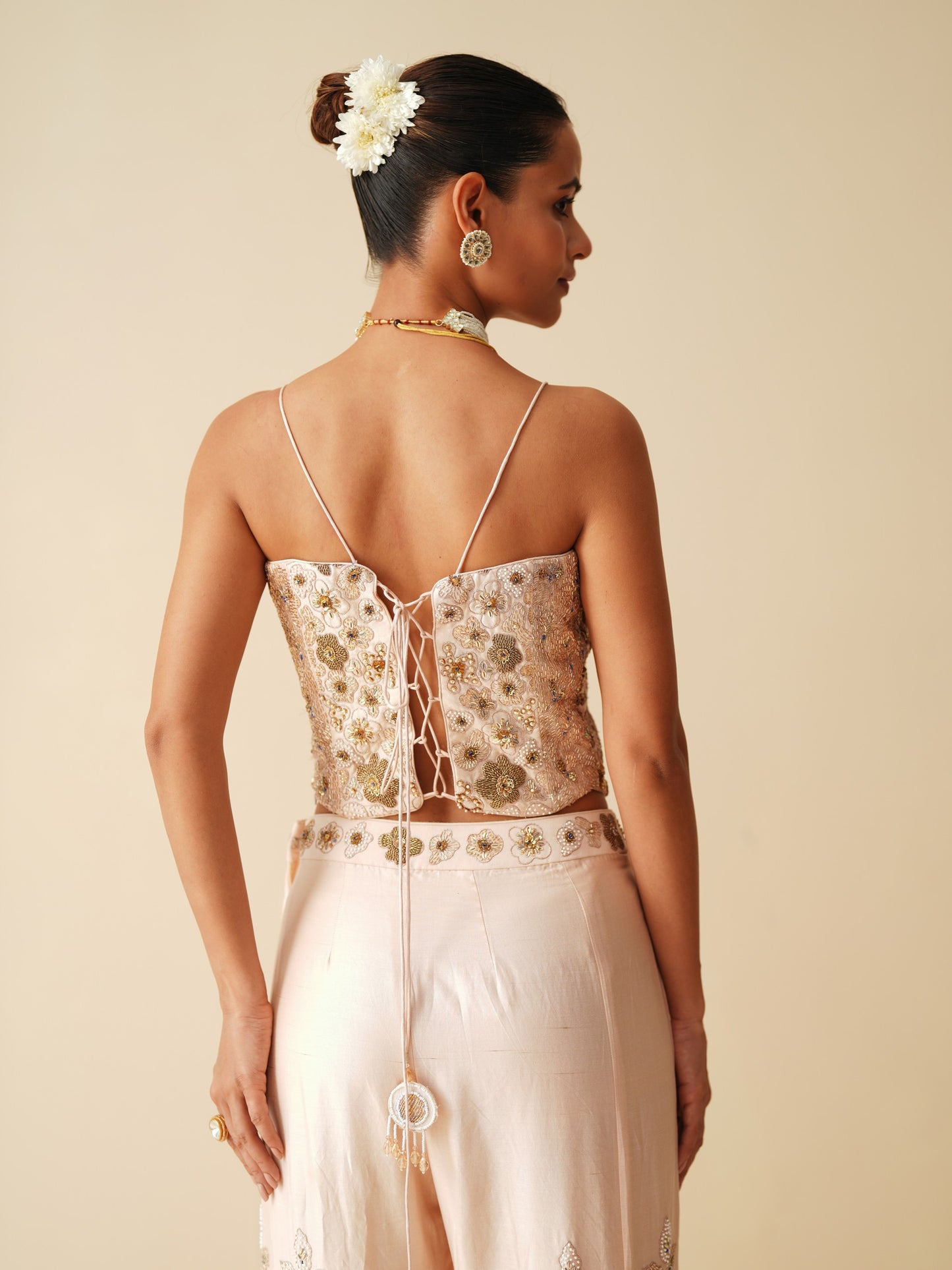 Designer Peach Spaghetti Blouse & Bellbottom Sharara Set