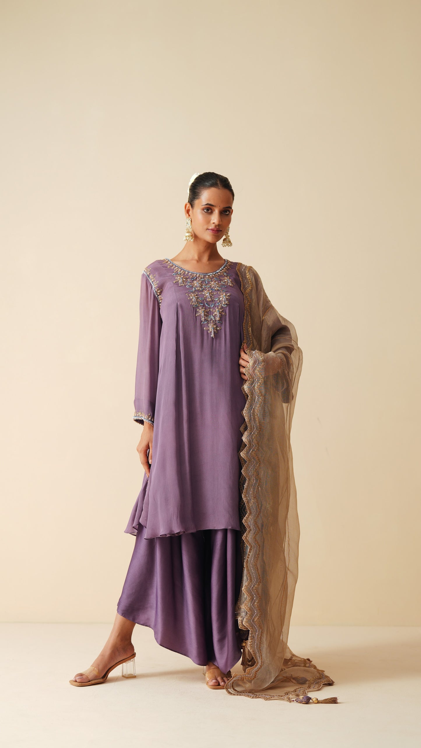 Purple Wedding Wear Suit Set with Chiffon & Satin Pants