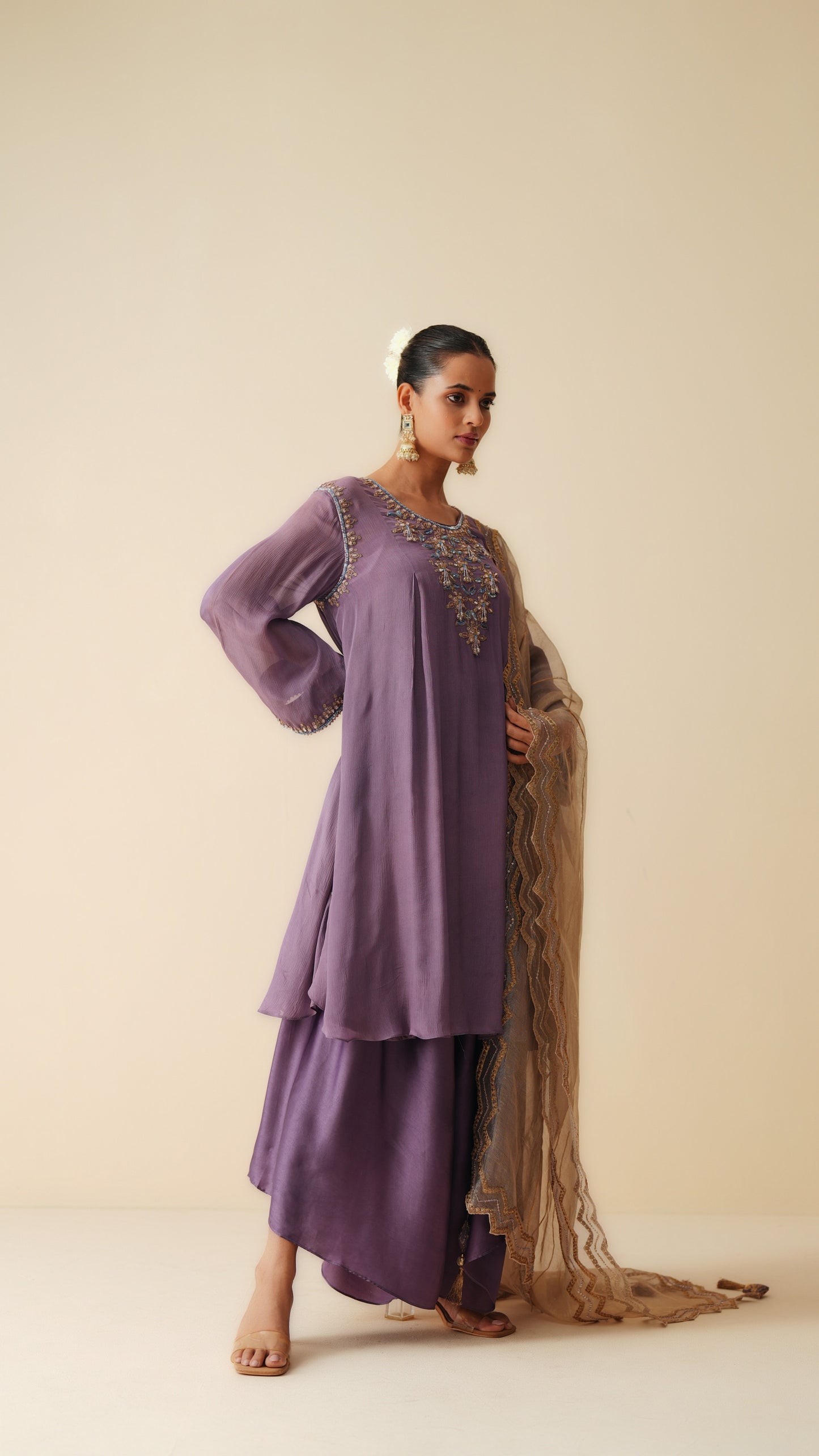 Purple Wedding Wear Suit Set with Chiffon & Satin Pants