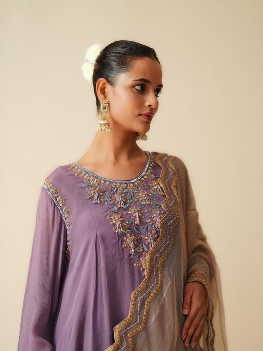 Purple Wedding Wear Suit Set with Chiffon & Satin Pants