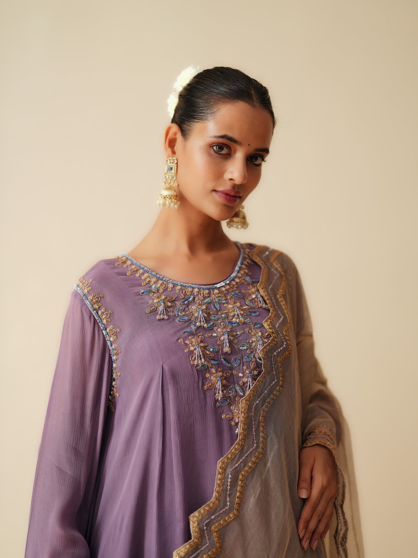 Purple Wedding Wear Suit Set with Chiffon & Satin Pants