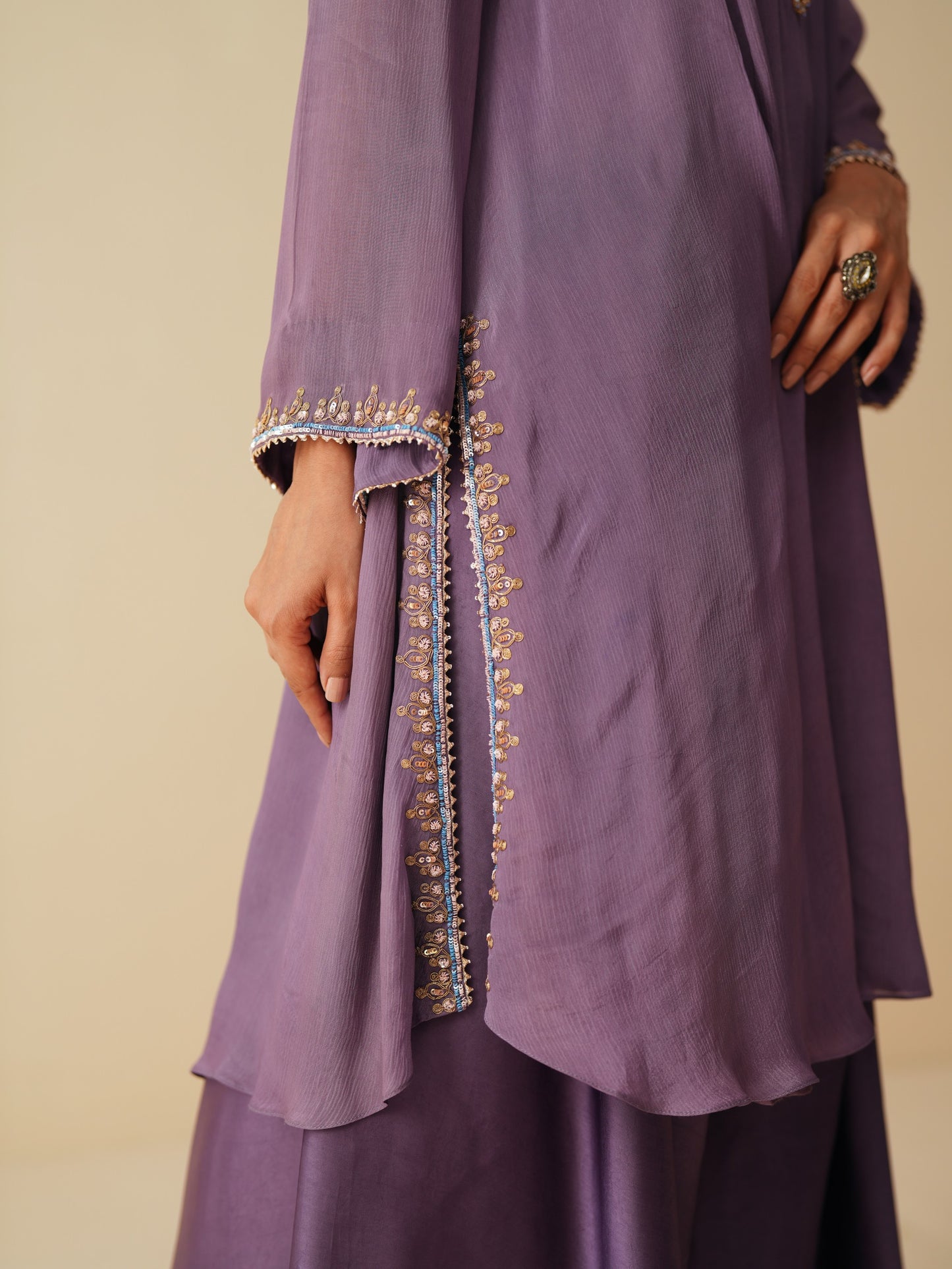Purple Wedding Wear Suit Set with Chiffon & Satin Pants