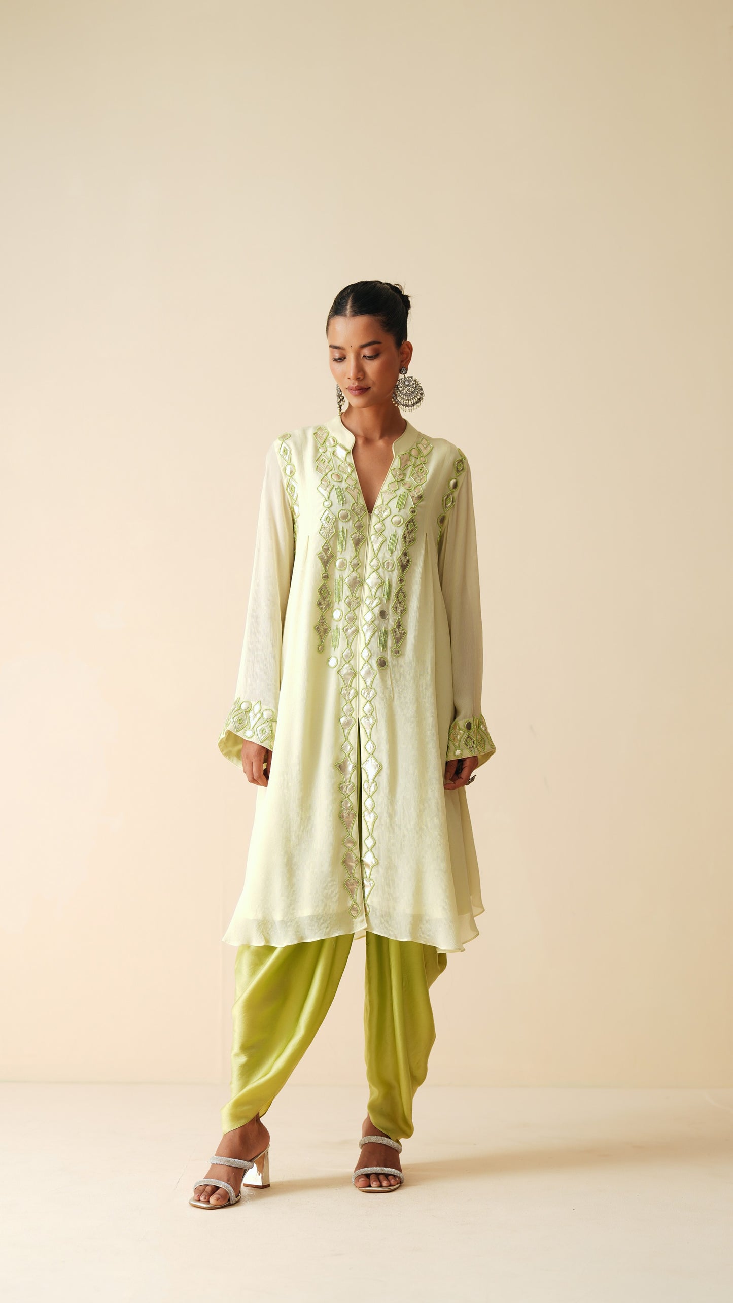 Embroidered Chiffon Kurta with Mint Satin Dhoti Pants