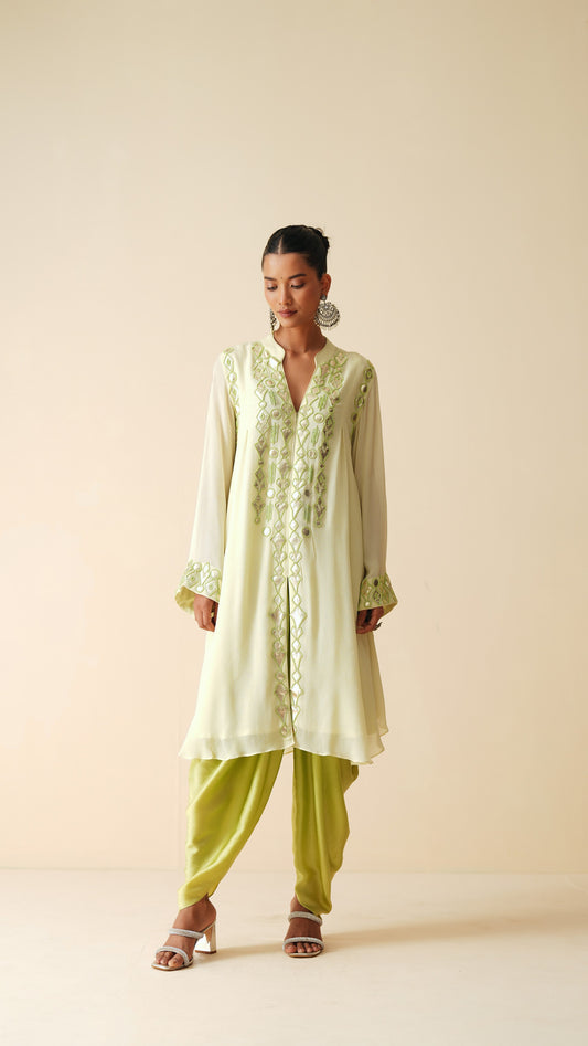 Embroidered Chiffon Kurta with Mint Satin Dhoti Pants