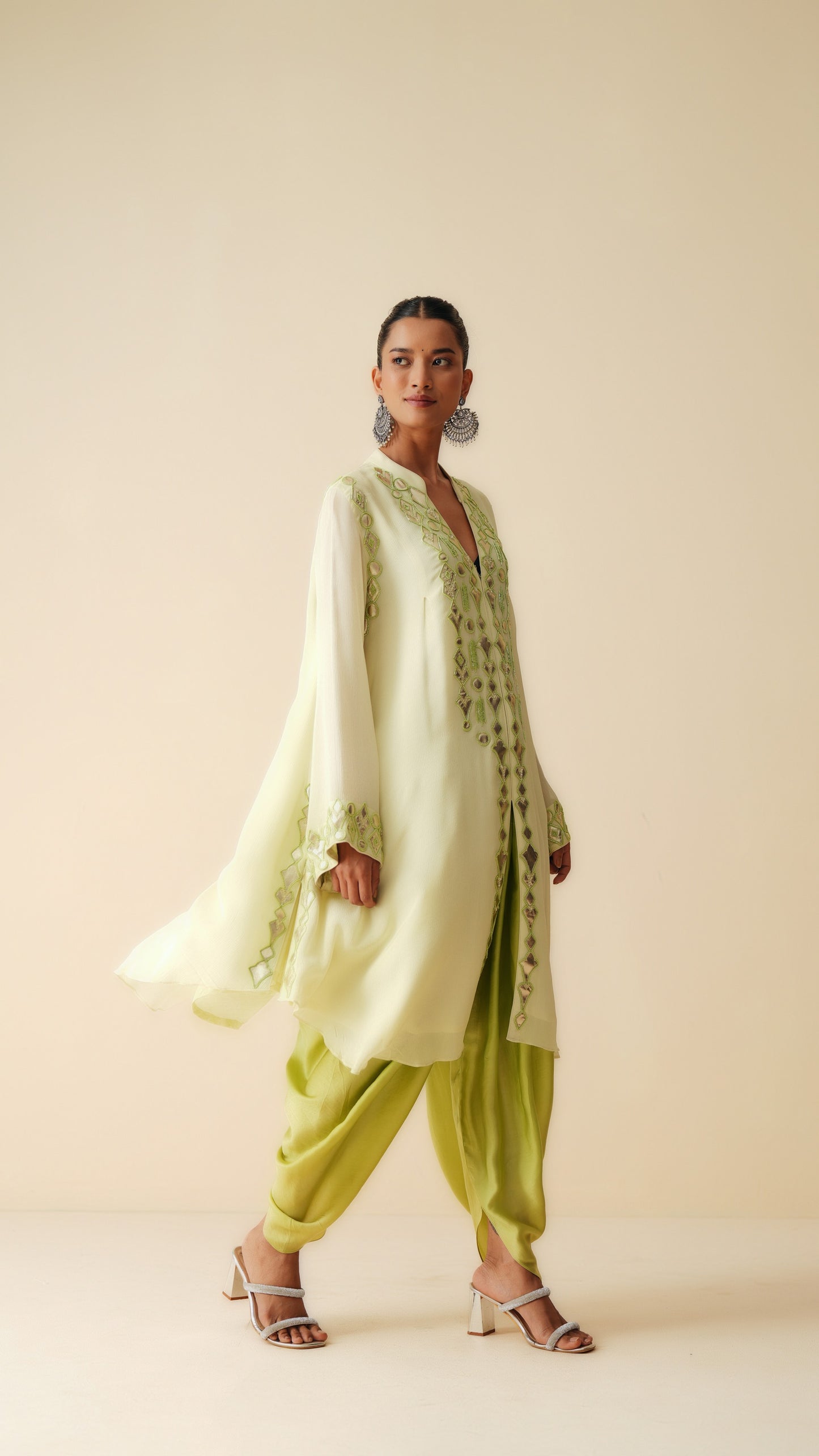 Embroidered Chiffon Kurta with Mint Satin Dhoti Pants