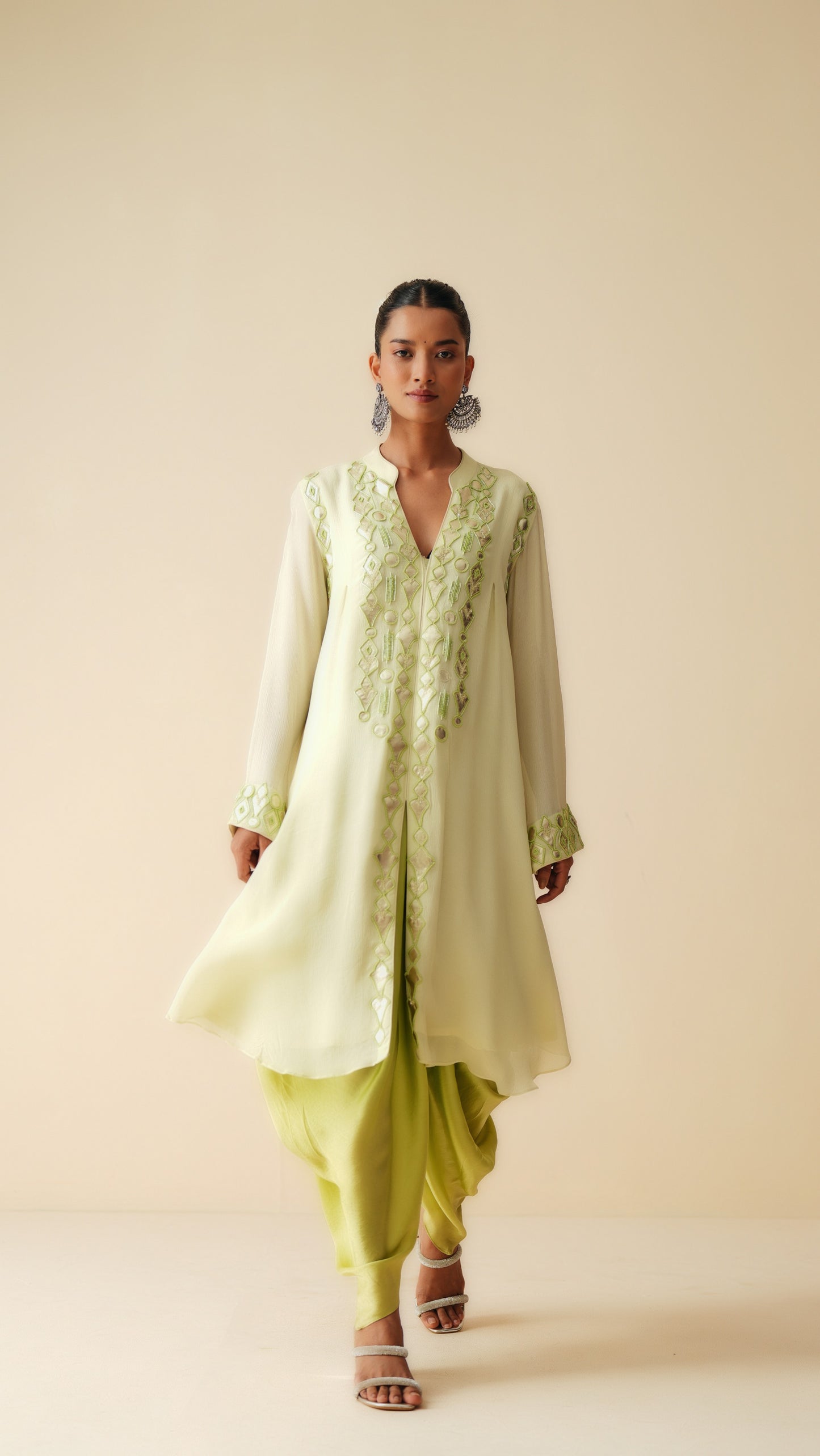 Embroidered Chiffon Kurta with Mint Satin Dhoti Pants