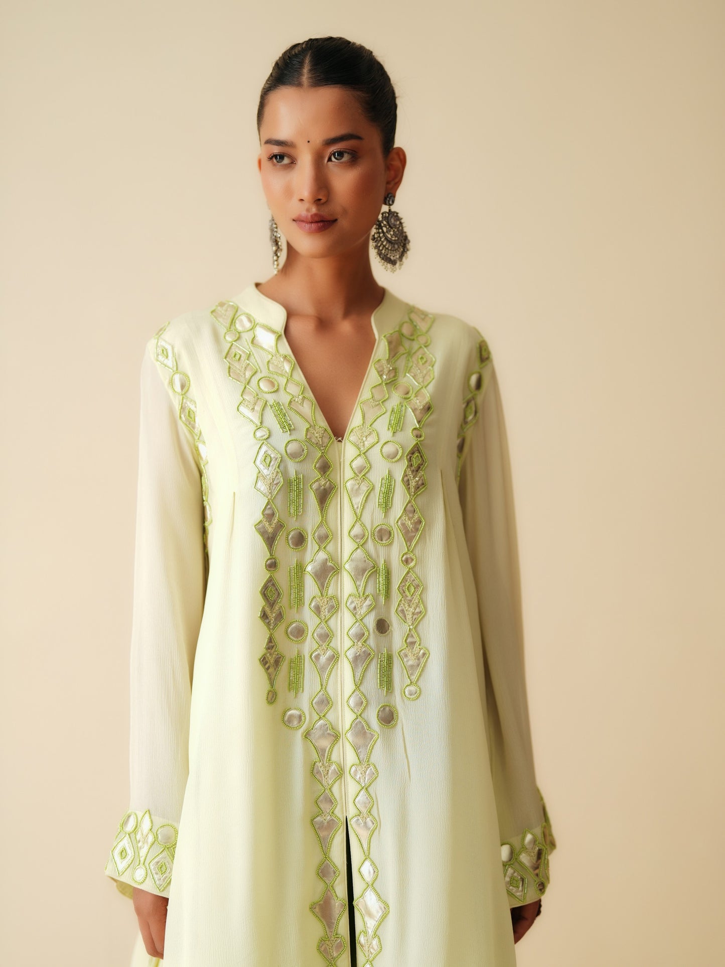 Embroidered Chiffon Kurta with Mint Satin Dhoti Pants