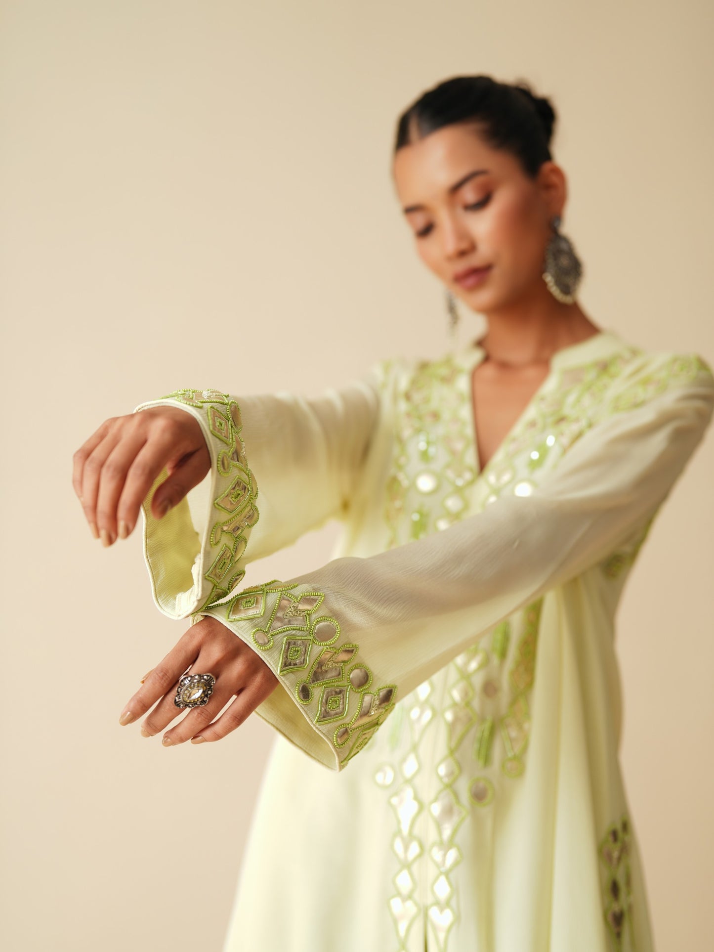 Embroidered Chiffon Kurta with Mint Satin Dhoti Pants