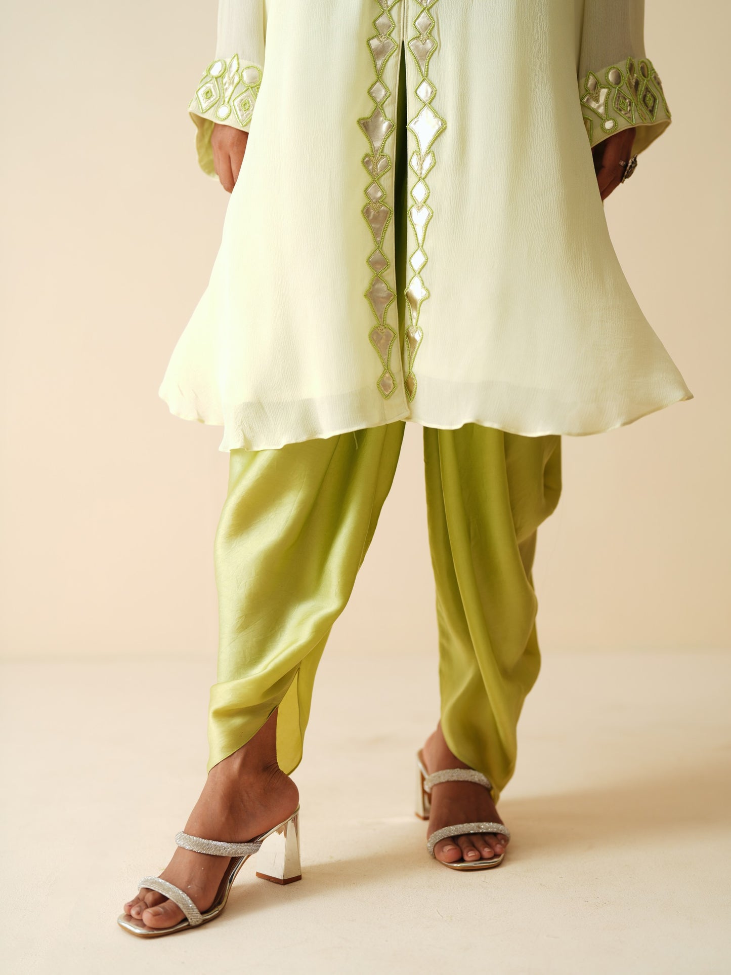 Embroidered Chiffon Kurta with Mint Satin Dhoti Pants