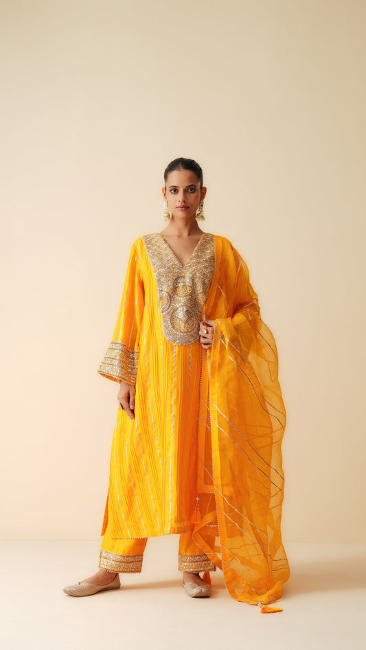 Designer Pintex Gota Phiran Style Suit Set in Mustard Orange Silk