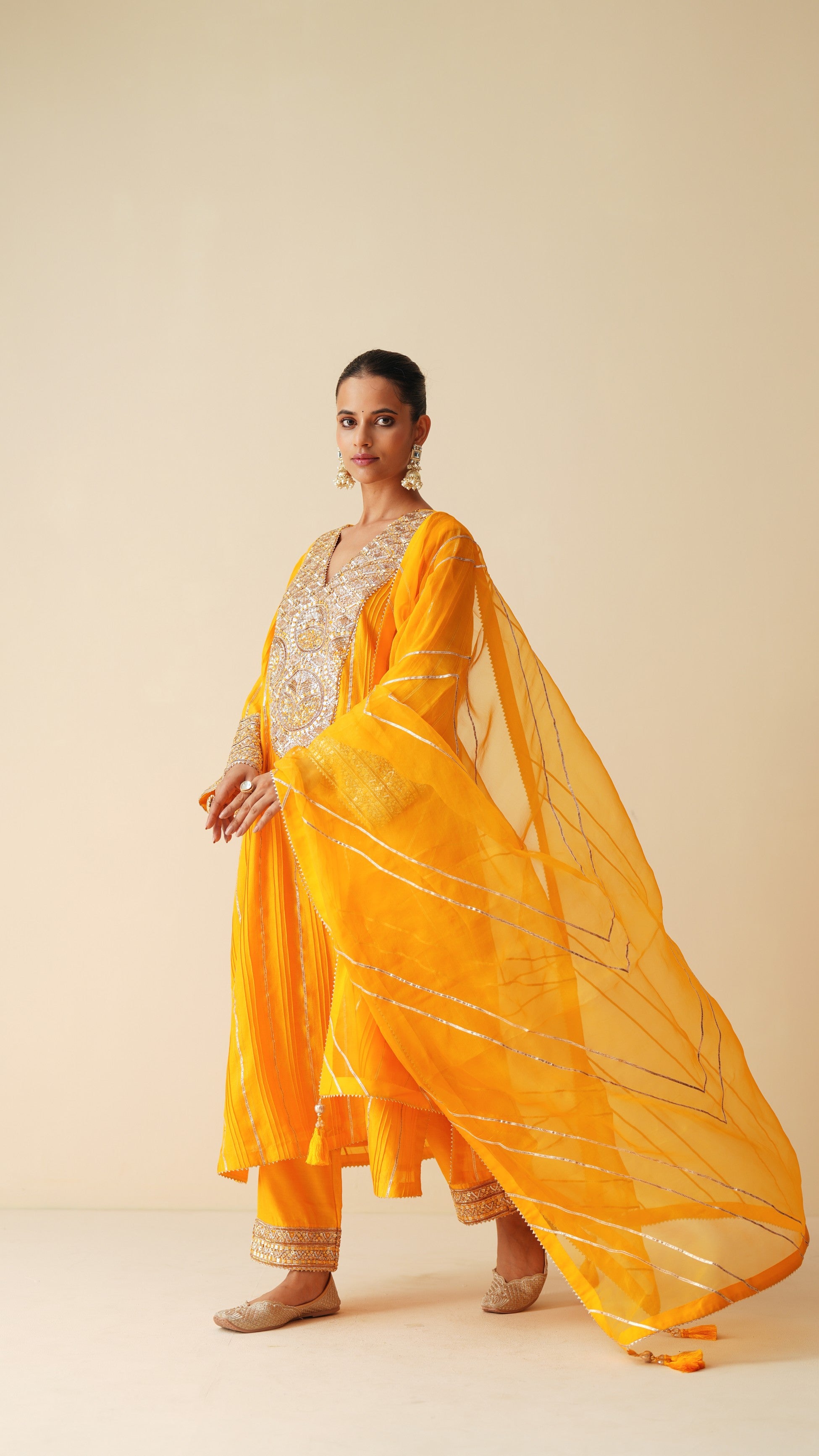 Designer Pintex Gota Phiran Style Suit Set in Mustard Orange Silk