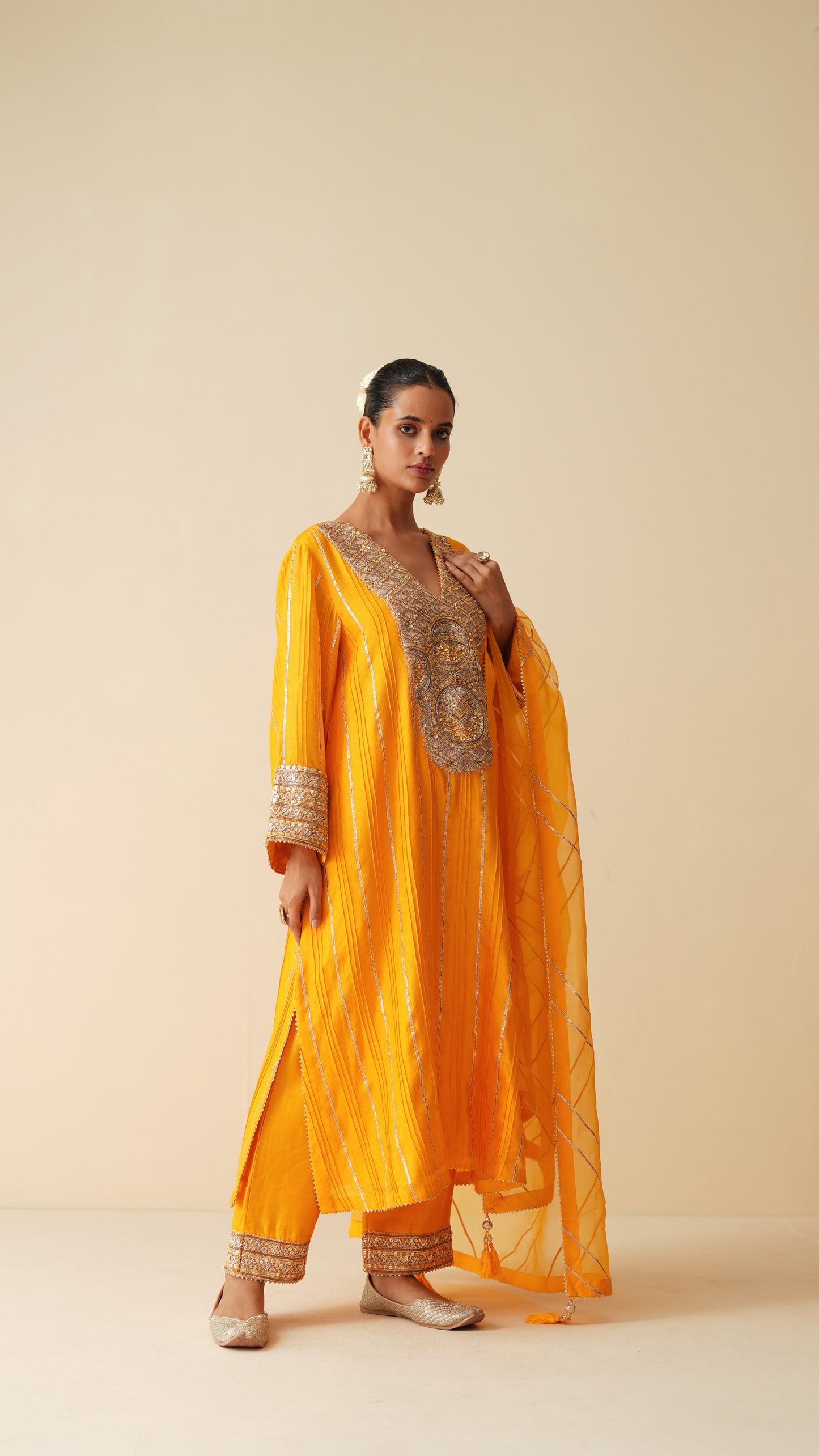 Designer Pintex Gota Phiran Style Suit Set in Mustard Orange Silk