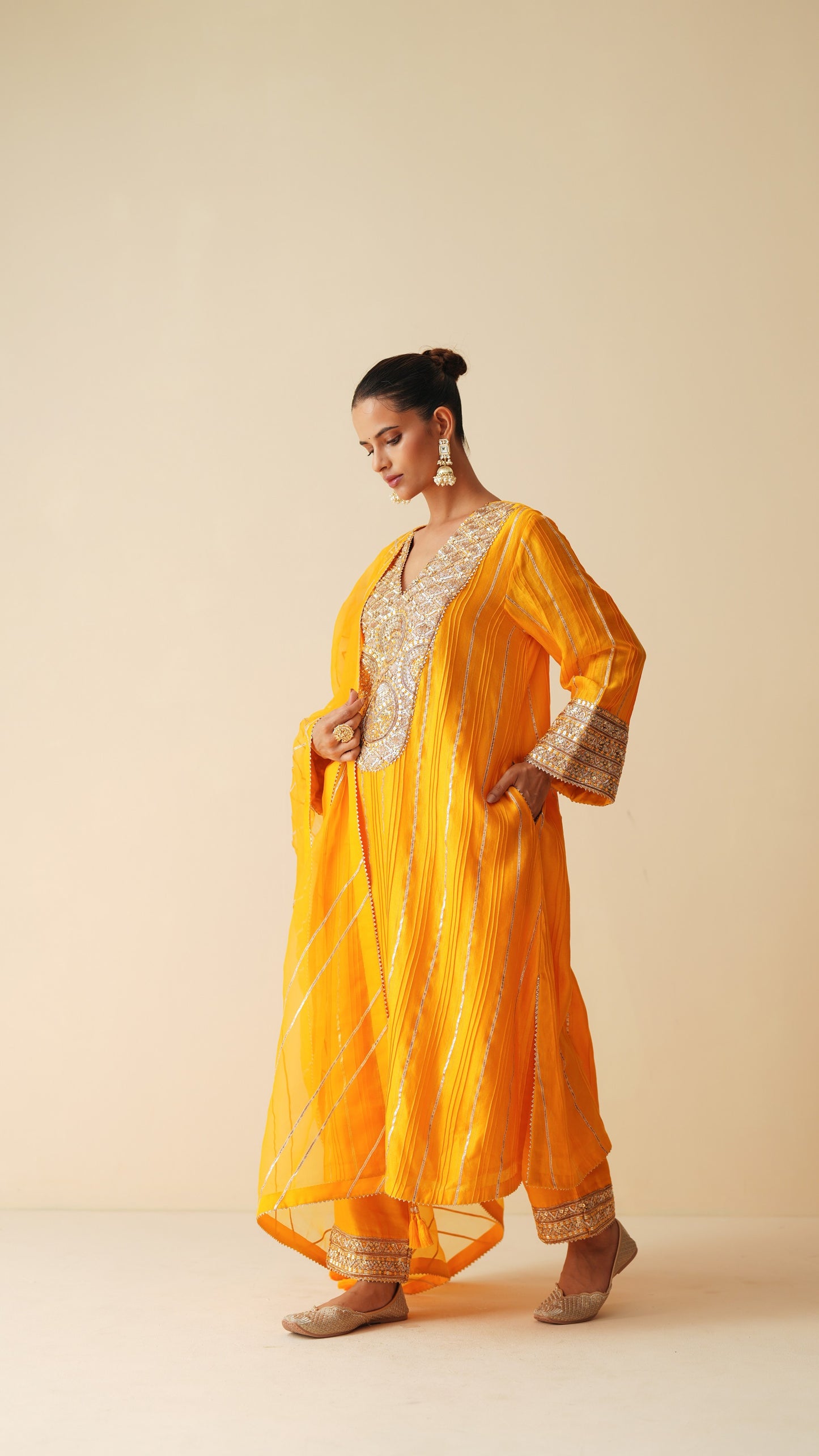 Designer Pintex Gota Phiran Style Suit Set in Mustard Orange Silk