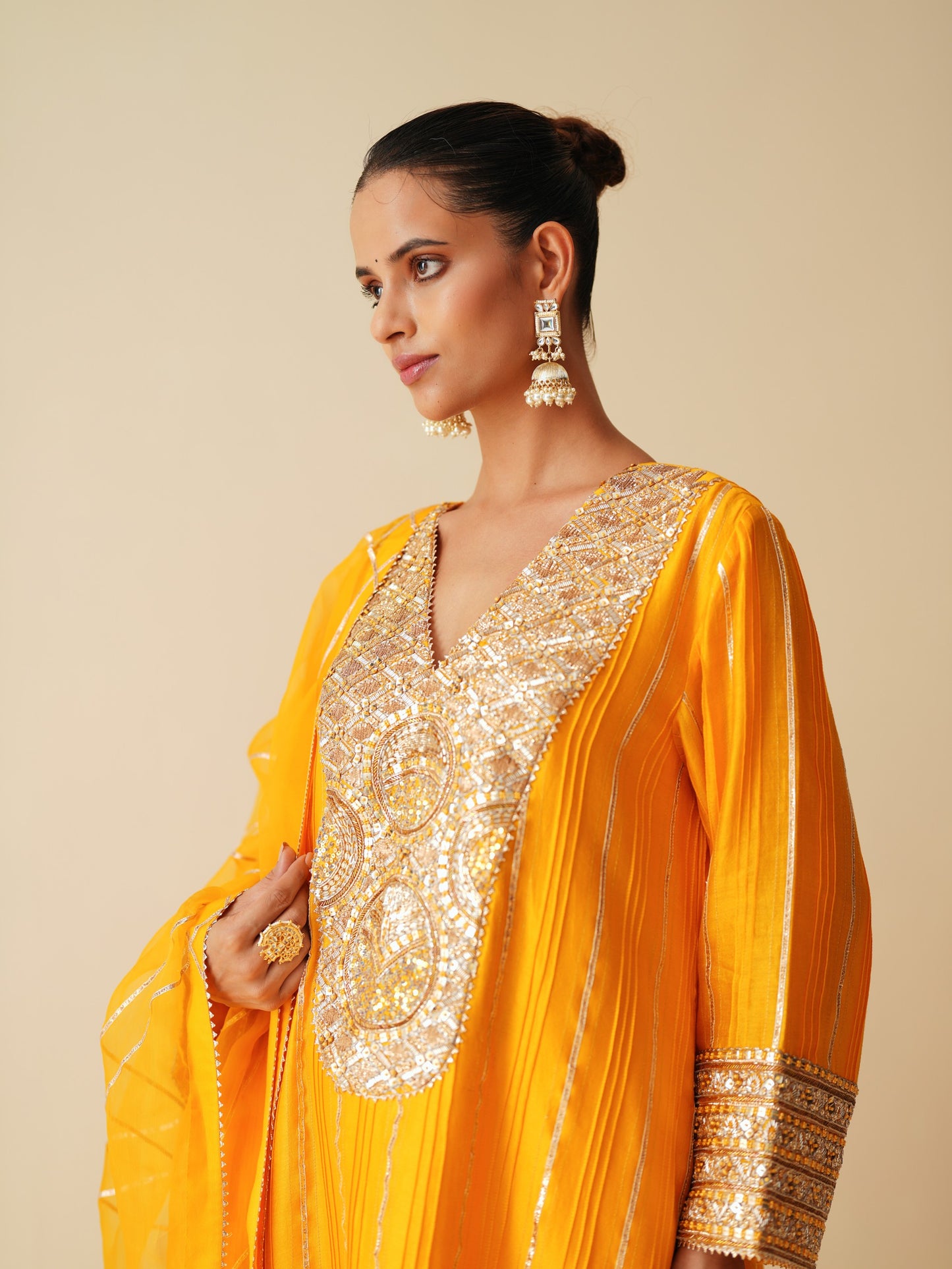 Designer Pintex Gota Phiran Style Suit Set in Mustard Orange Silk