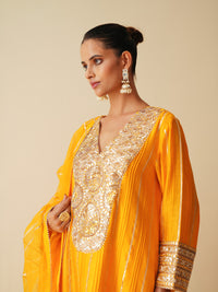Designer Pintex Gota Phiran Style Suit Set in Mustard Orange Silk