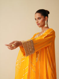 Designer Pintex Gota Phiran Style Suit Set in Mustard Orange Silk