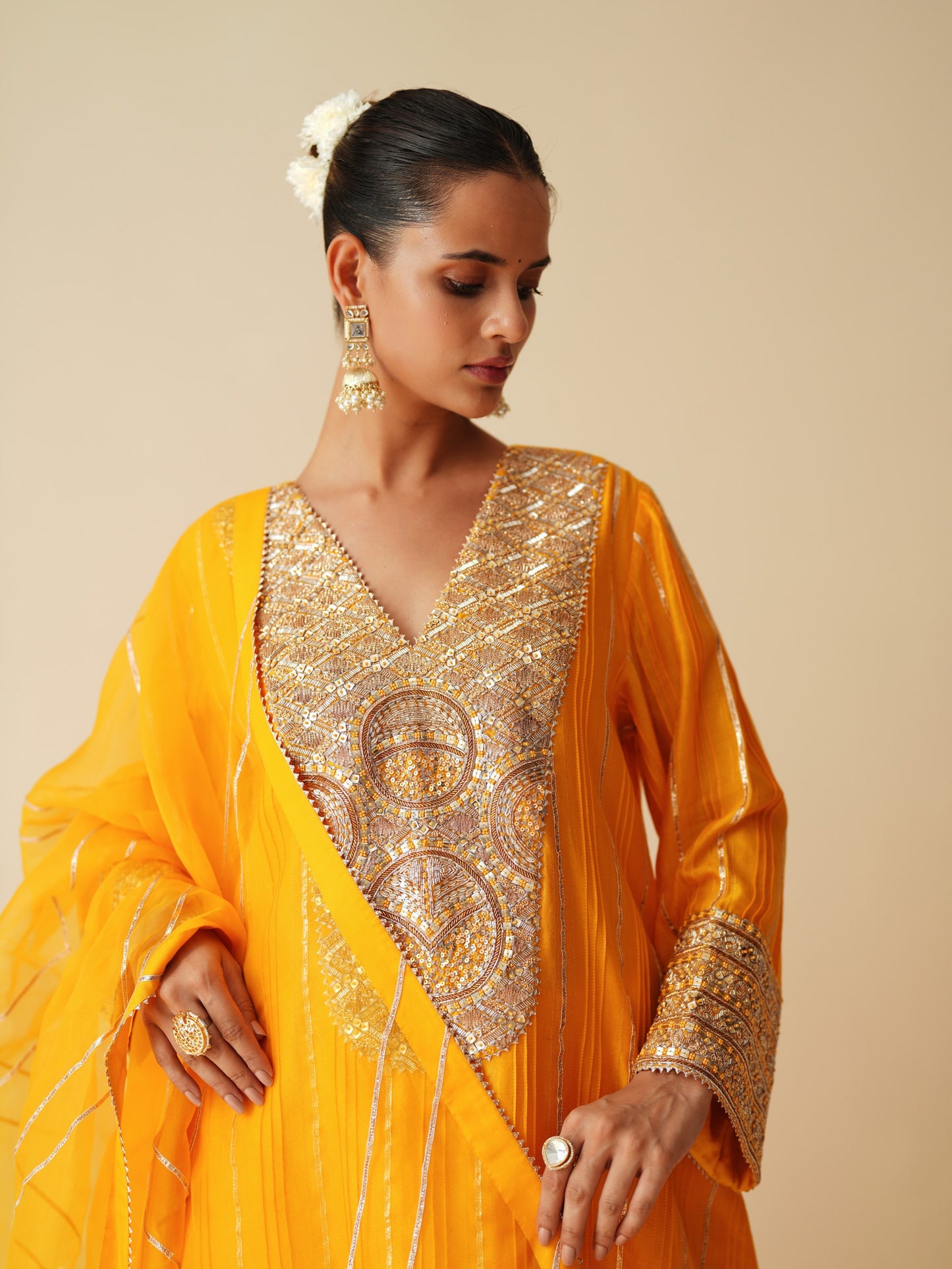 Designer Pintex Gota Phiran Style Suit Set in Mustard Orange Silk
