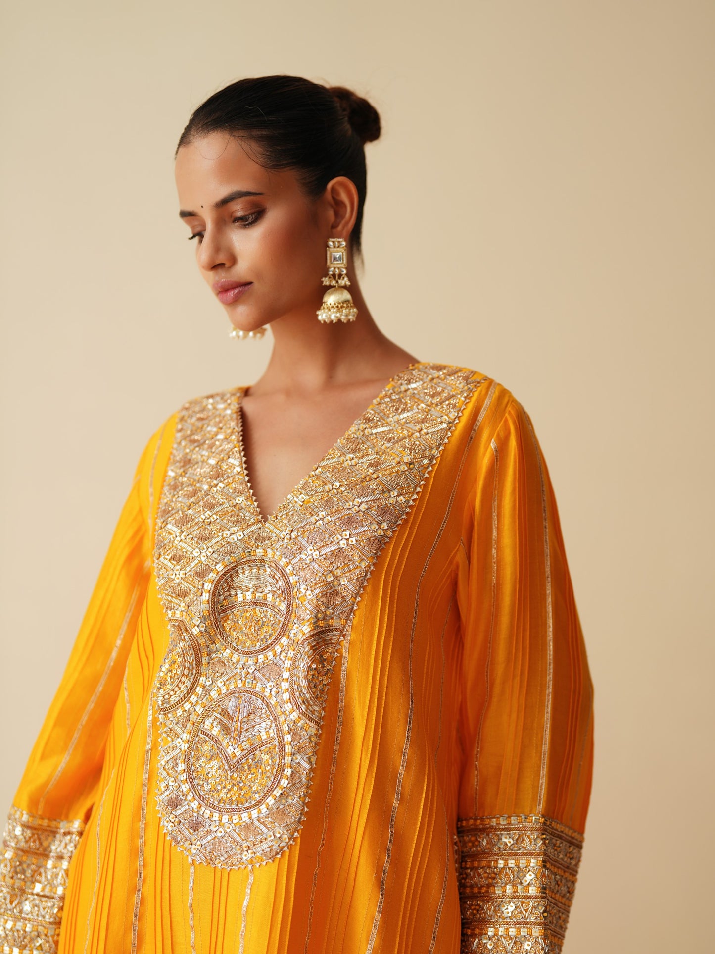 Designer Pintex Gota Phiran Style Suit Set in Mustard Orange Silk