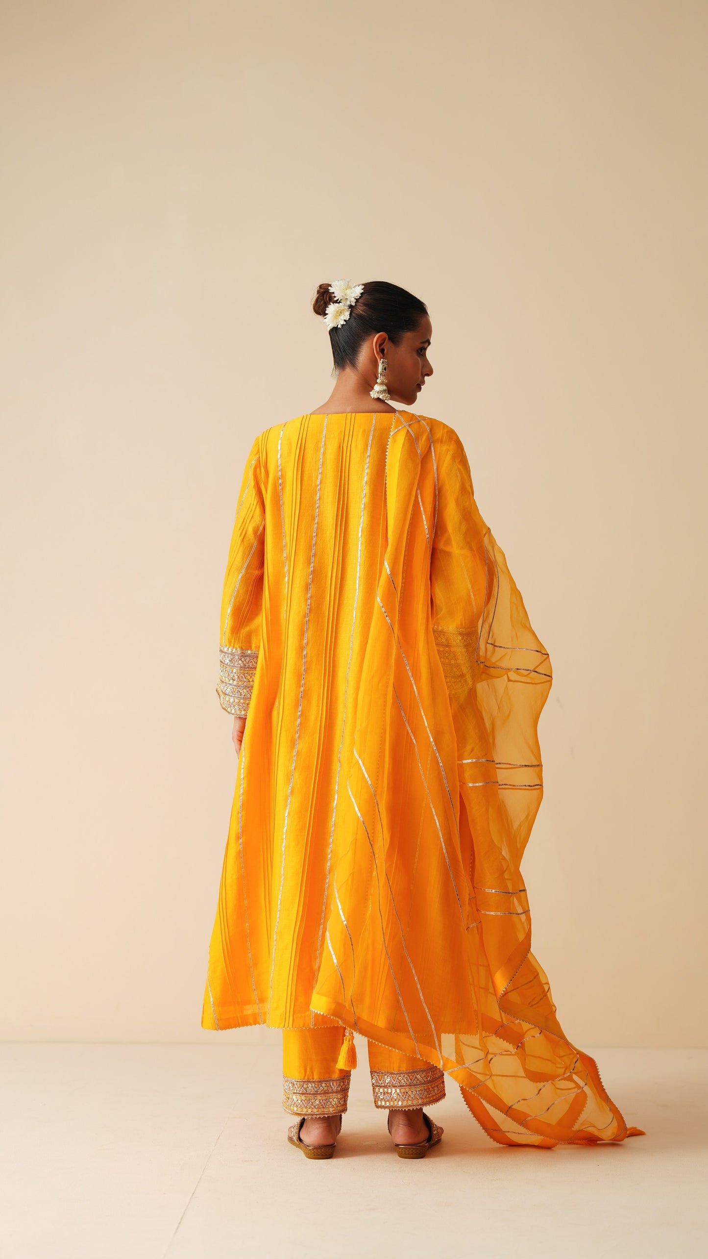 Designer Pintex Gota Phiran Style Suit Set in Mustard Orange Silk