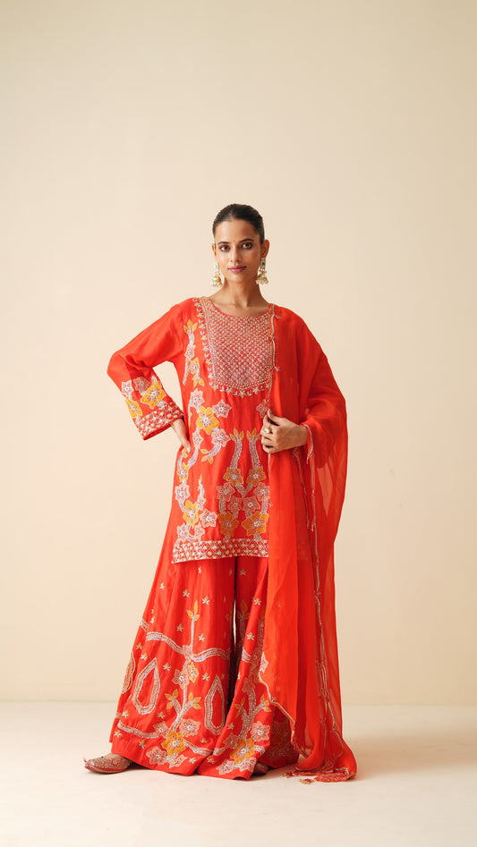 Designer Red Sharara Suit with Organza Dupatta